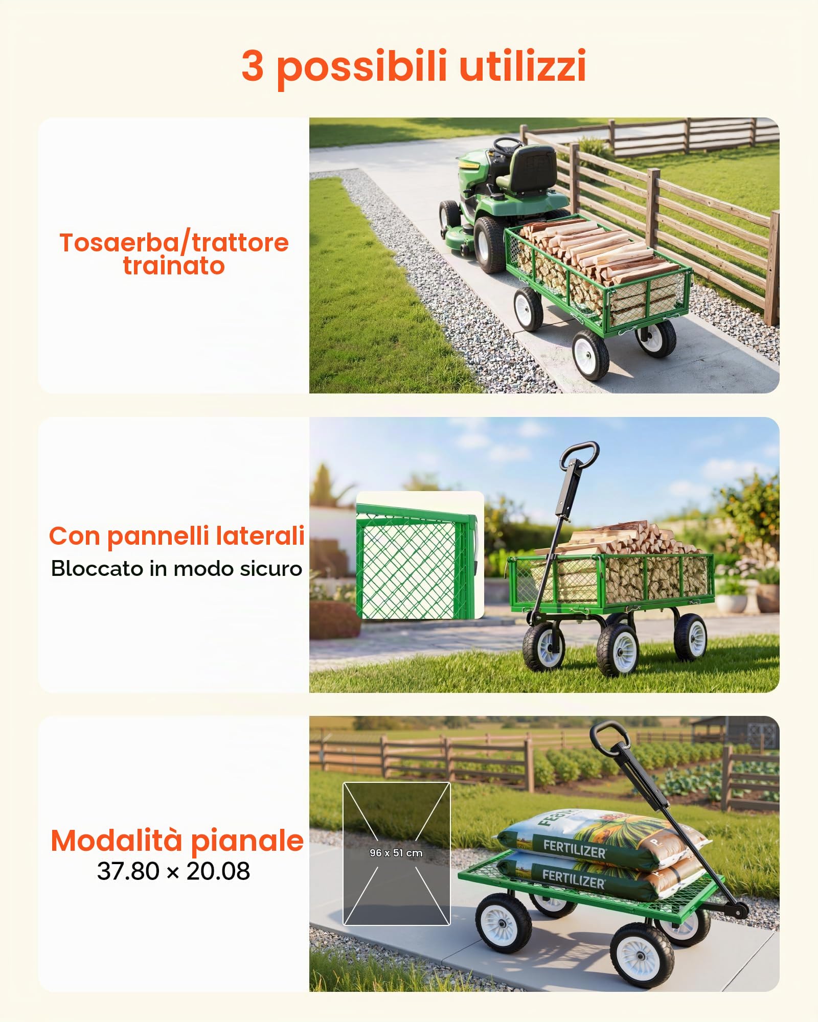 VEVOR Carrello da Giardino in Acciaio Portaoggetti Carico max 408,2 kg Carrello da Trasporto per Legna Terra Detriti Lati Rimovibili Ruote Antiforatura in PU, Carretto Compatibile con Trattori, Verde