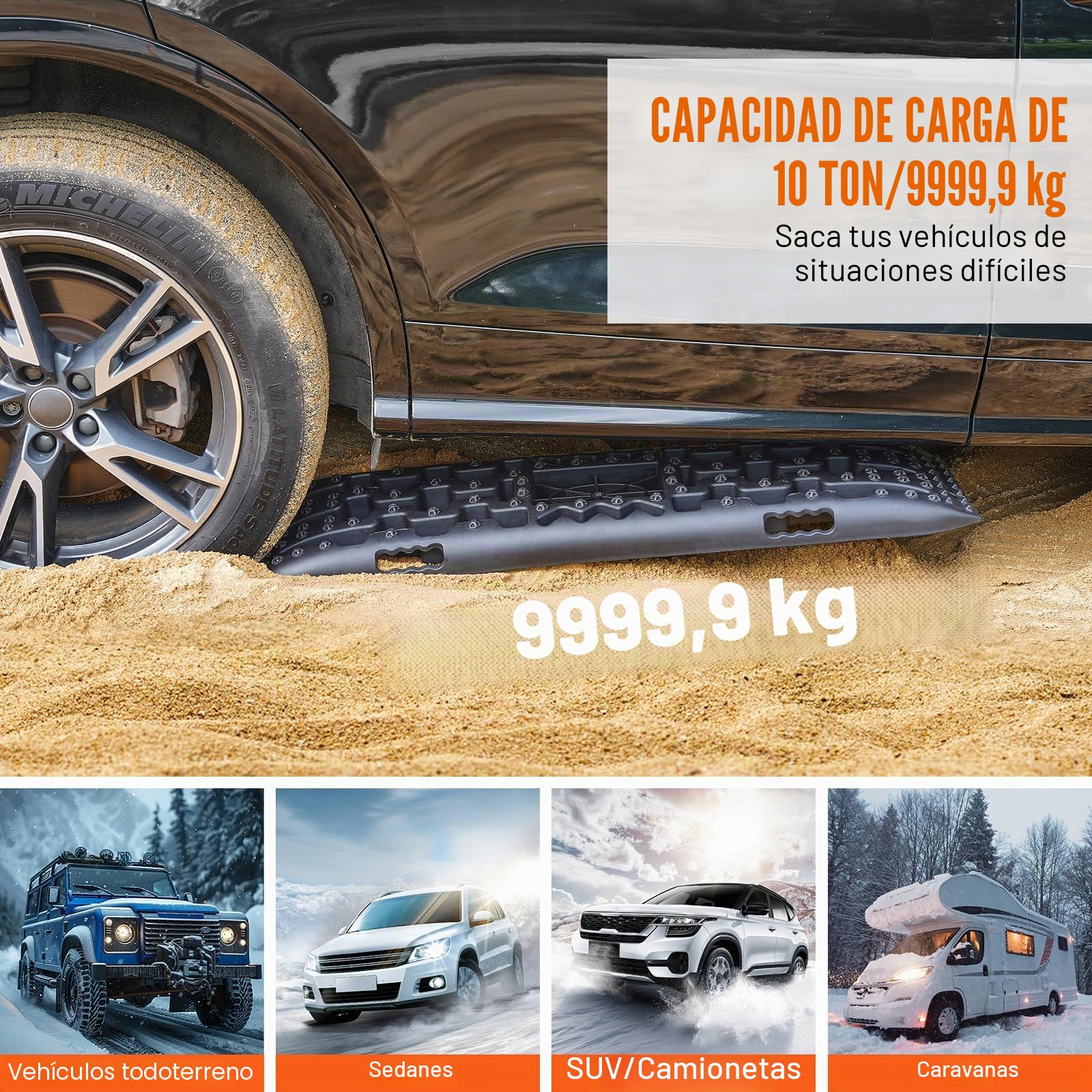 VEVOR Placa de Aterrizaje de PP 10 T Estera de Tracción para Todoterreno/Coche/Pick-up/SUV/RV Tabla de Recuperación de Arena y Lodo de Nieve Bolsa de Almacenamiento, Larga, Negra, 2 Piezas