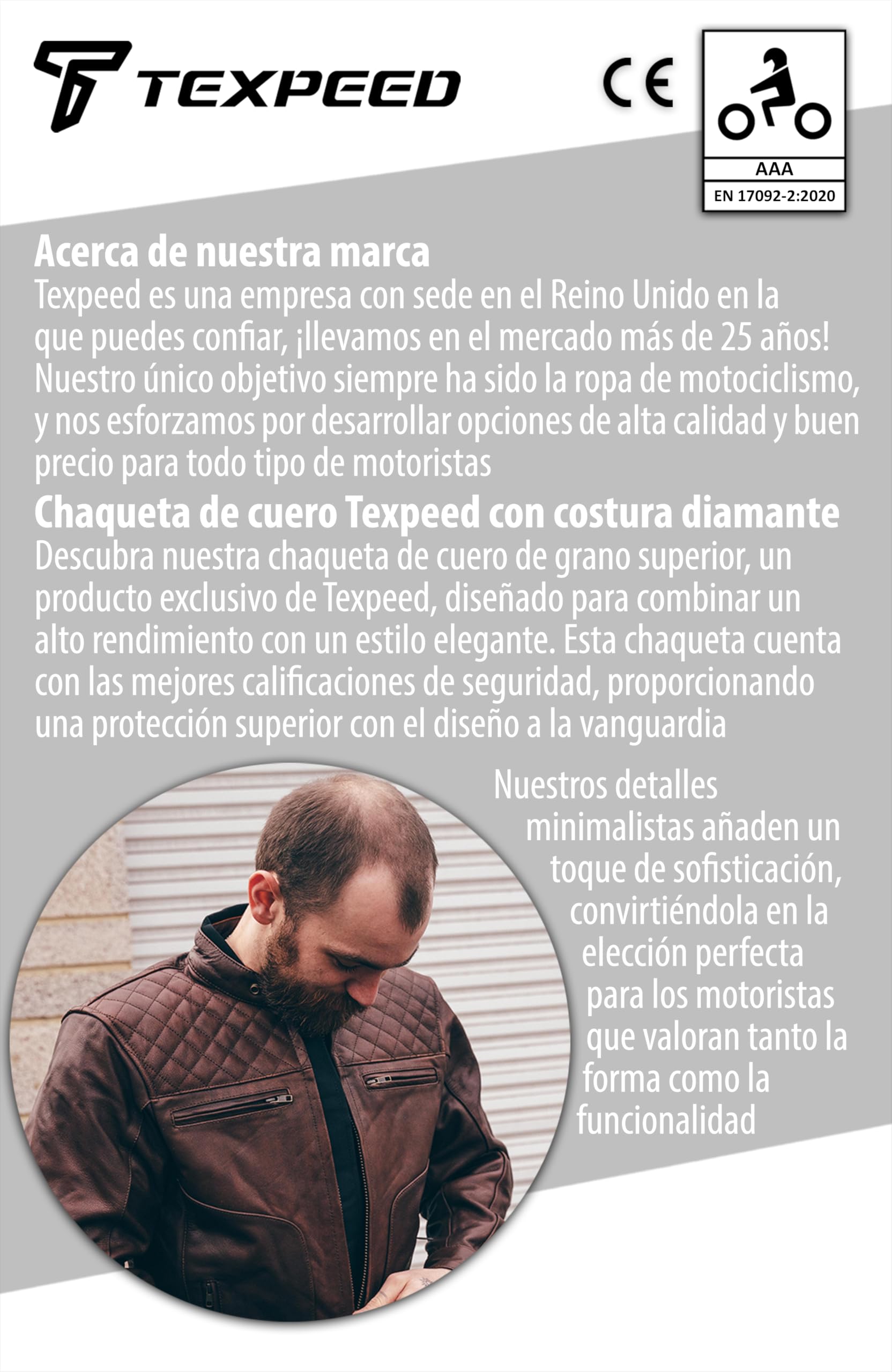 Texpeed Chaqueta de moto de cuero para hombre - Chaqueta de moto Touring con protección de armadura auténtica Biker CE (EN 1621-1) Patrón de costura de diamantes - Marrón - 4XL