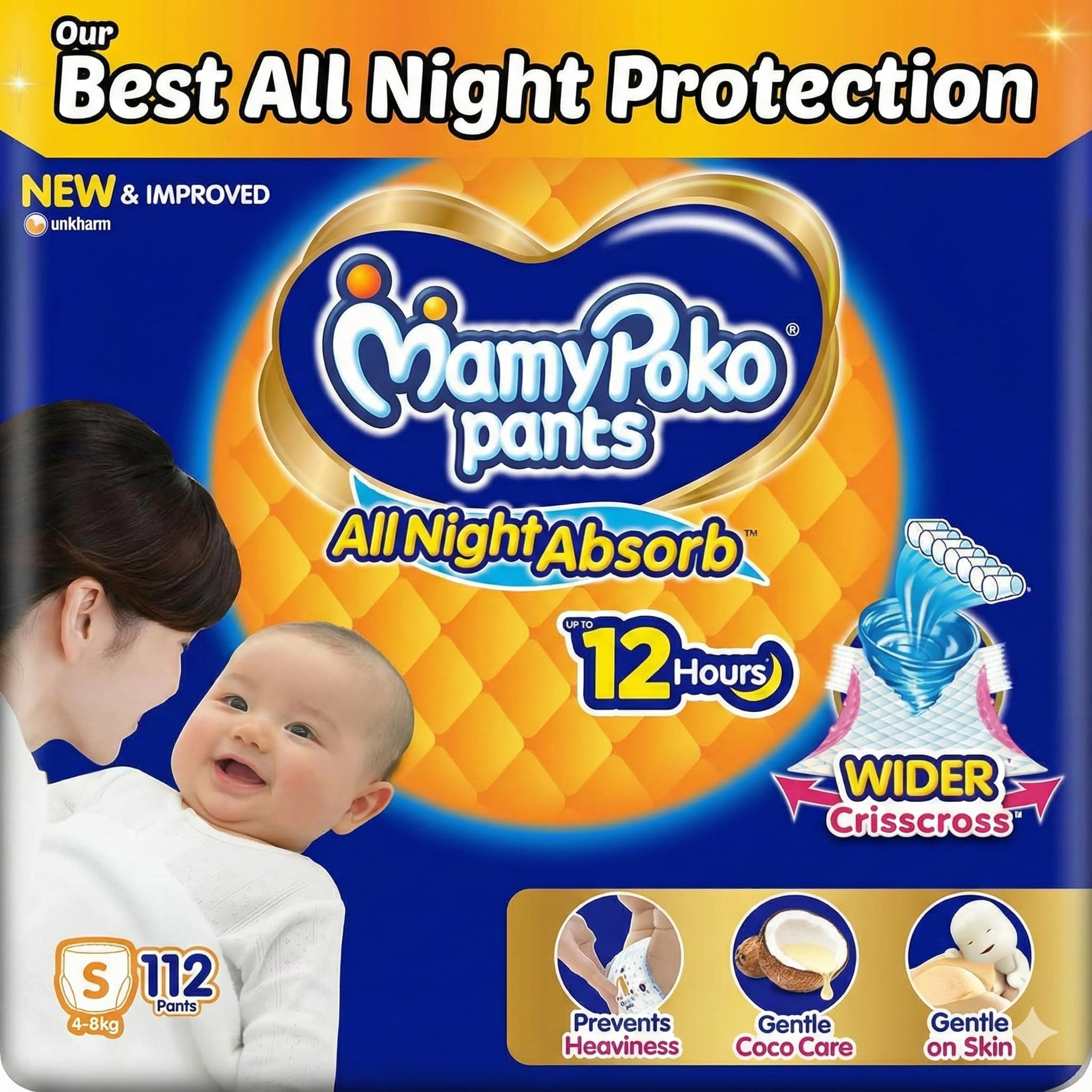 pants All night absorb| Pant Style Baby Diapers Small Size(S), 112 Count, Ideal for upto 5Kgs|1 Diaper= Upto All night Absorption|Wider Crisscross Sheet|Gentle Coco Care| 12hr Leakage Protection| Prevents Heaviness.