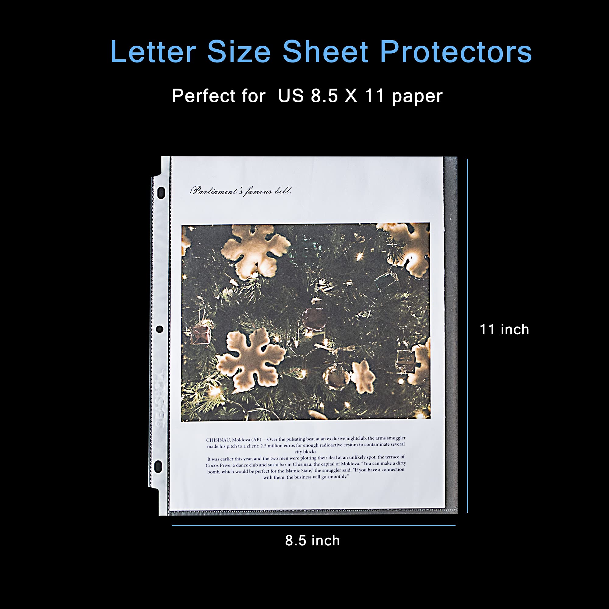 Seashell 100 protectores de hojas antirreflejos, protectores de páginas de plástico para carpeta de 3 anillas, tamaño carta, carga superior, 3 agujeros perforados, fundas de carpeta para papel de 8.5
