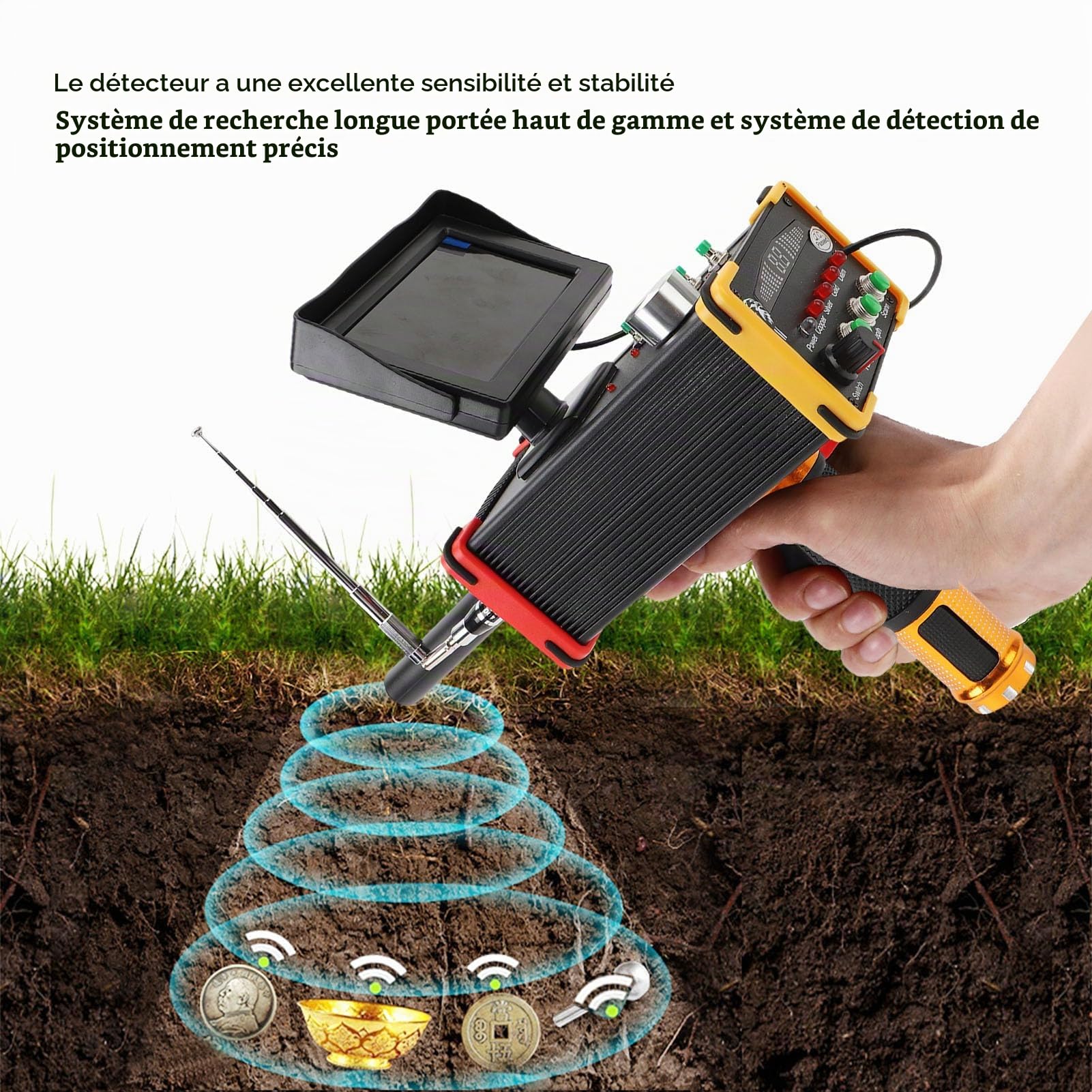 Détecteur de Métaux 15 M de Profondeur 1000 Mètres Souterrains Localisateur de Cuivre d'argent d'or de Haute Précision avec écran D'affichage, écran Grand et Clair, Données