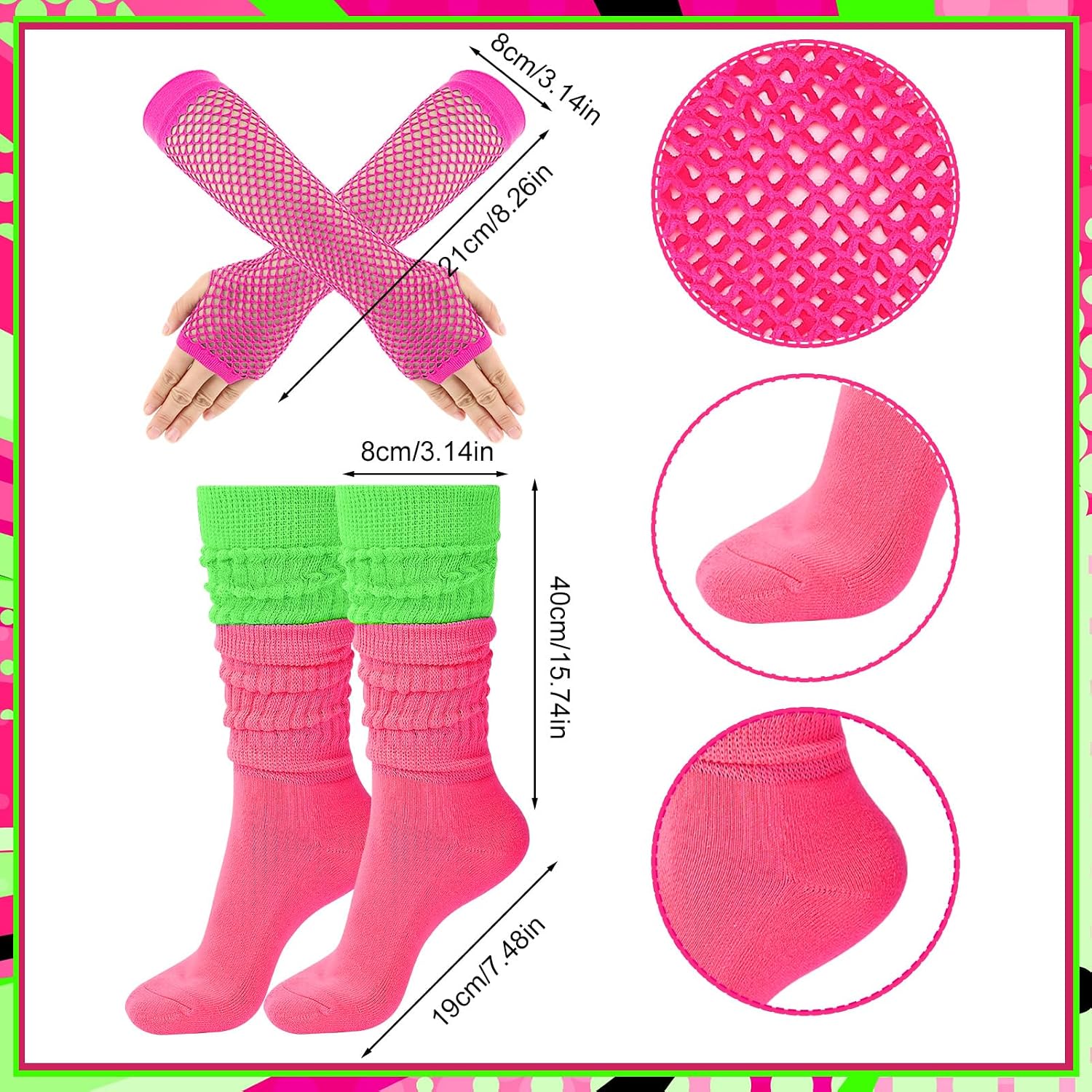 JATEBI 80s Women Accessories Fancy Costume Set | Includ Earrings, Glasses, Fishnet Gloves, Slouch Socks, 80s Style Necklace, Beads, Bracelet