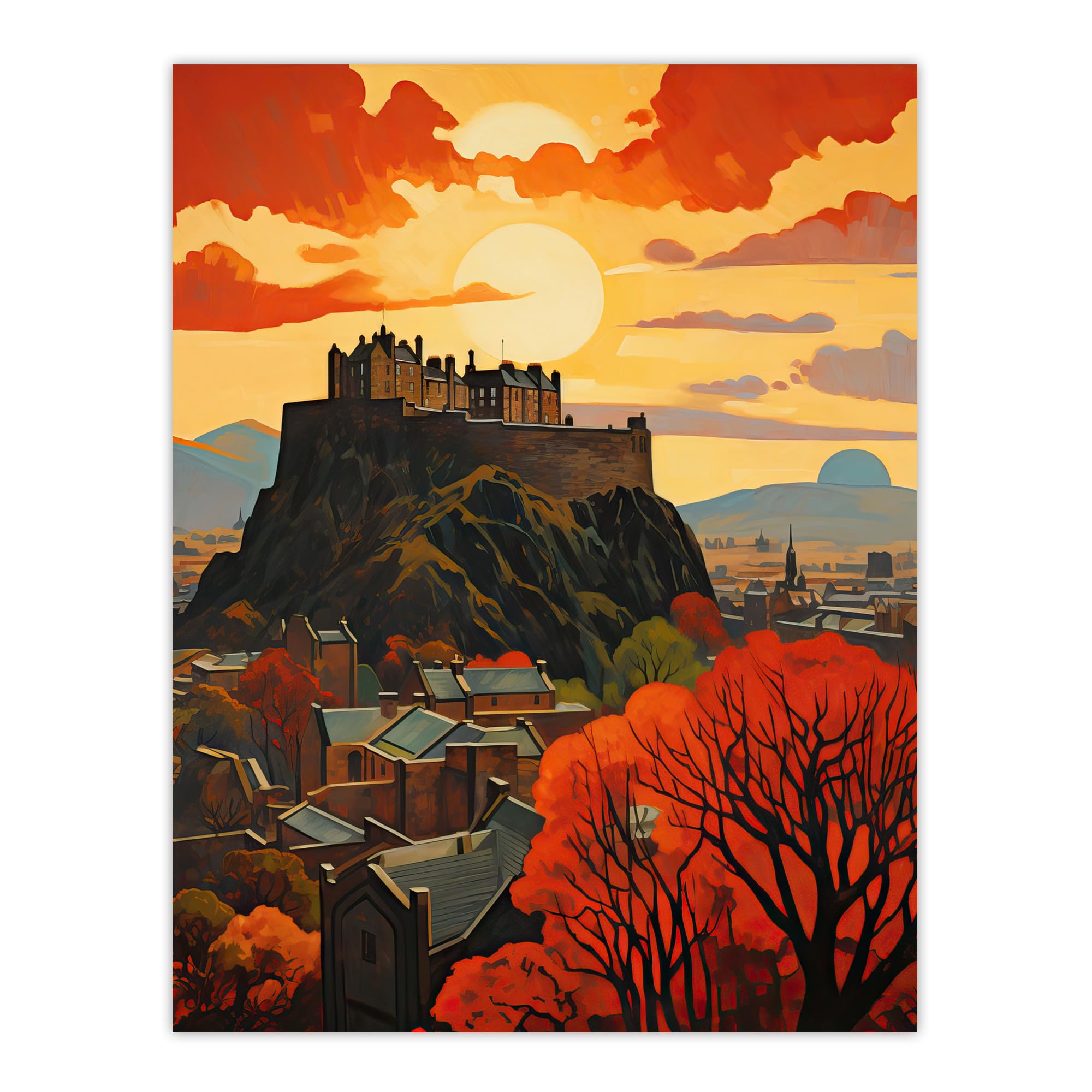 Artery8 Edinburgh Castle Oil Painting Twilight In Autumn Cityscape Extra Large XL Wall Art Poster Print, Unframed 24X32", 81L x 61W cm
