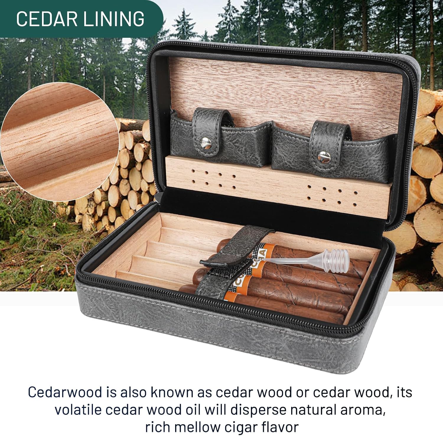 Holds4 Cigars Portable Rock Gray Leather Cigar Case Handcrafted Spanish Cedar Wood Interior and Stainless Steel Cutter Travel Cigar Humidor Business Trips Birthday Gifts, Father's Day，Christmas Day
