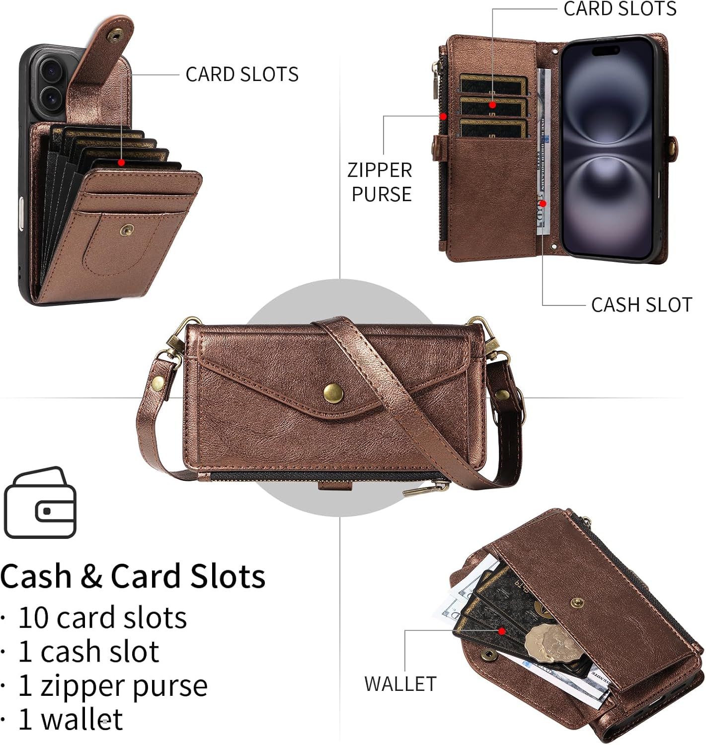 Caseurban Wallet Case for iPhone 16 Compatible with Magsafe, Detachable Card Holder, PU Leather Handbag Phone Purse with Zipper, RFID Blocking Strap Lanyard Kickstand Magnetic Phone Case
