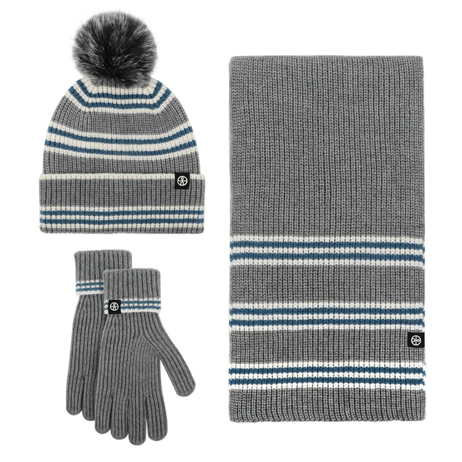 Wintermütze Schal Handschuhe Set Winterwarmes Outdoor-strickschal-Set Mit Gestreiften Ohrenschützern, Bommelmütze, Und Handschuhen-grau