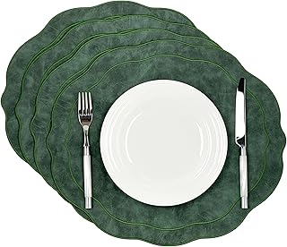 Embroidered Scalloped Faux Leather Placemats Set of 4 - Soft Sheepskin Look, Wipeable Luxury Dinner Table Mats for Dining & Kitchen Decor, 17.25" x 15", Green