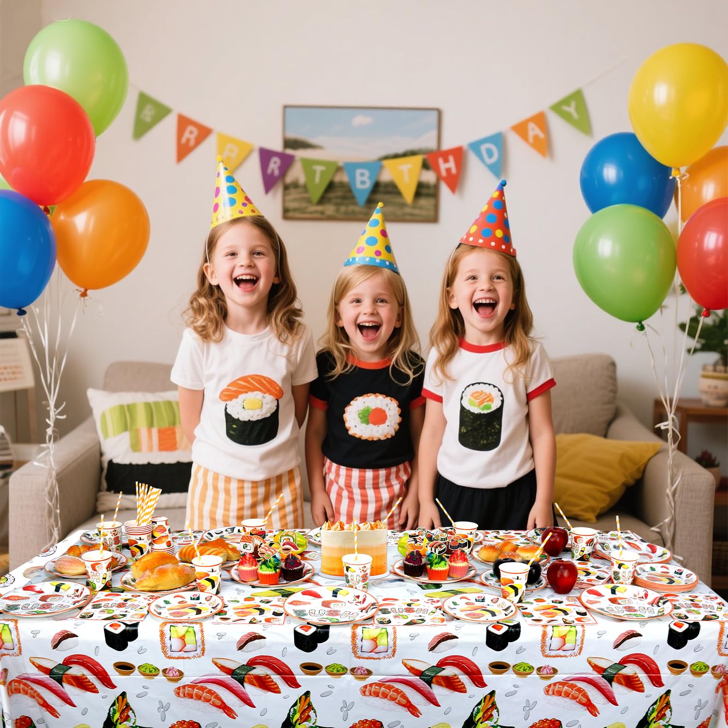 Decorazioni per feste di compleanno a tema sushi, tra cui piatti, tazze, tovaglioli, tovaglie, cannucce, per feste a tema sushi