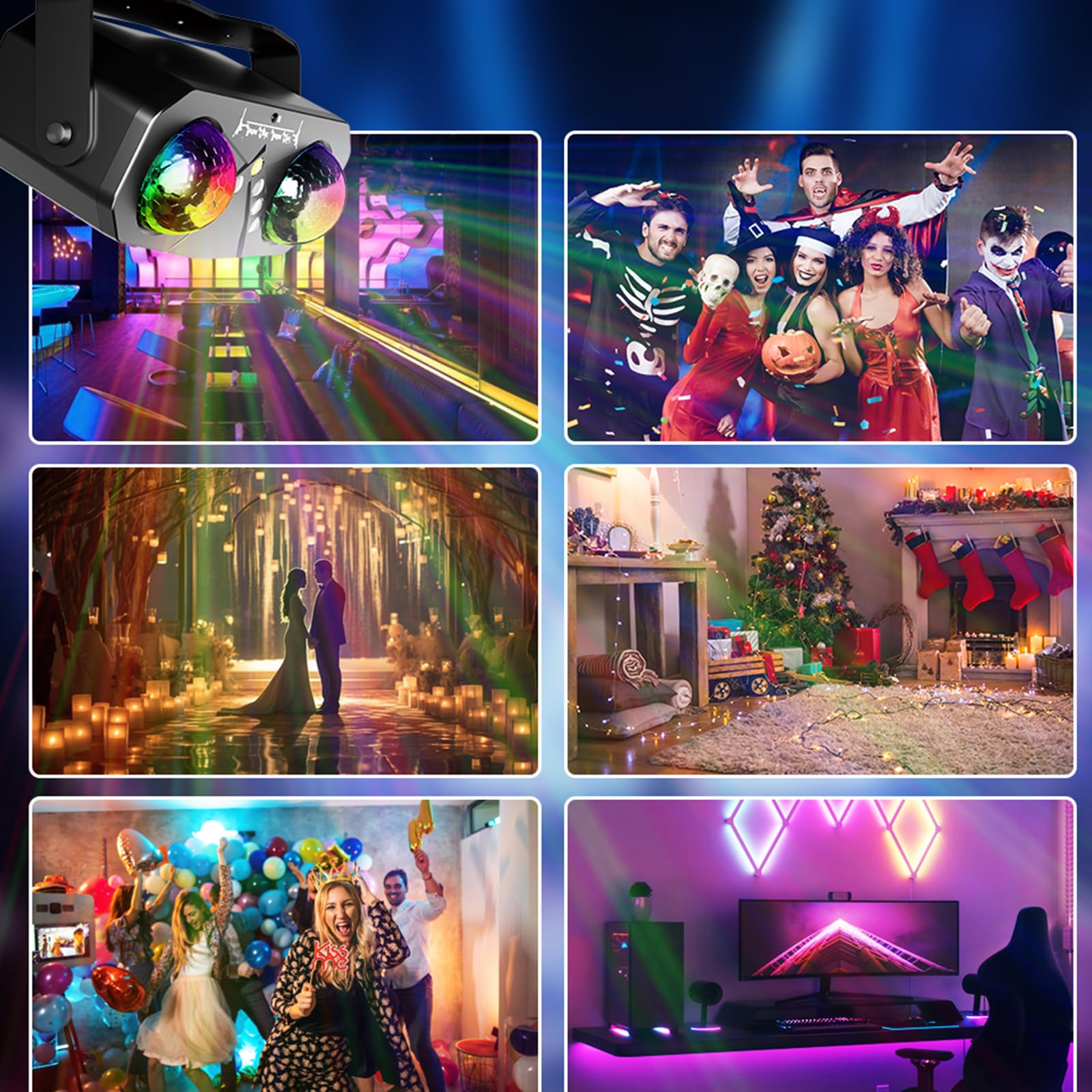 Un projecteur polyvalent avec deux options d'éclairage RGB, éclairage LED et éclairage DJ, idéal pour les réunions de famille, les fêtes et autres événements.