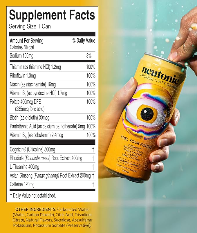 Neutonic Nootropic Productivity Energy Drink | Orange Sunrise 12 Cans | 120mg Natural Caffeine, Zero Sugar | Support Memory, Mental Clarity, Cognitive Function | Boost Focus, Energy, Brain Health