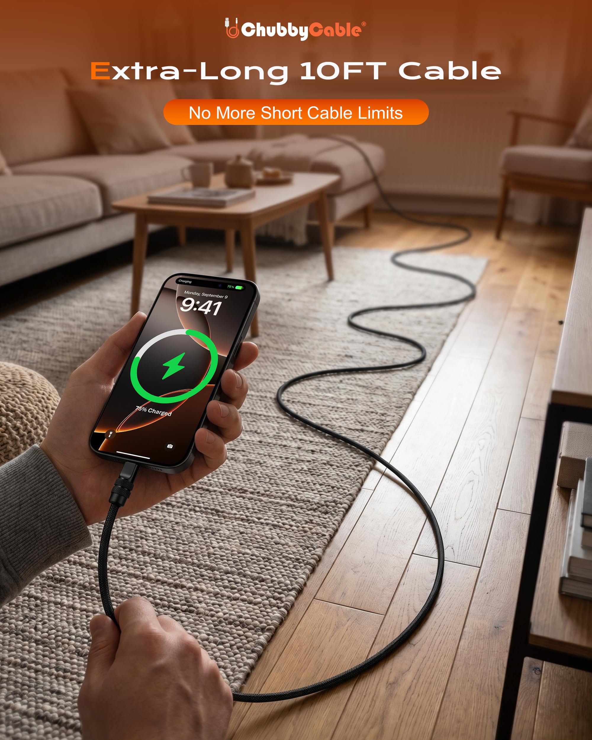 chubbycable Lite - Cavo da USB C a USB C, 240 W, super veloce, tipo C, 3 m, in nylon intrecciato, cavo di ricarica e trasferimento dati durevole per iPhone serie 17-15/MacBook Pro/Air/iPad, nero