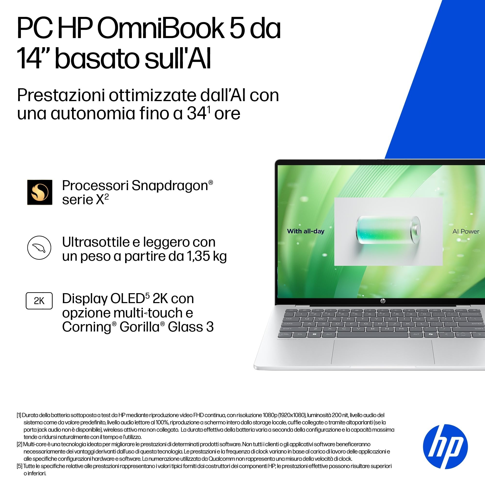 HP OmniBook 5 AI PC 14-he0000slx, Notebook, Snapdragon X X1 26 100, 16 GB RAM, 512 GB, Grafica integrata, Display 14" 2K OLED 300 nits, Copilot+ PC, Laptop, Windows 11, Portatile, Argento
