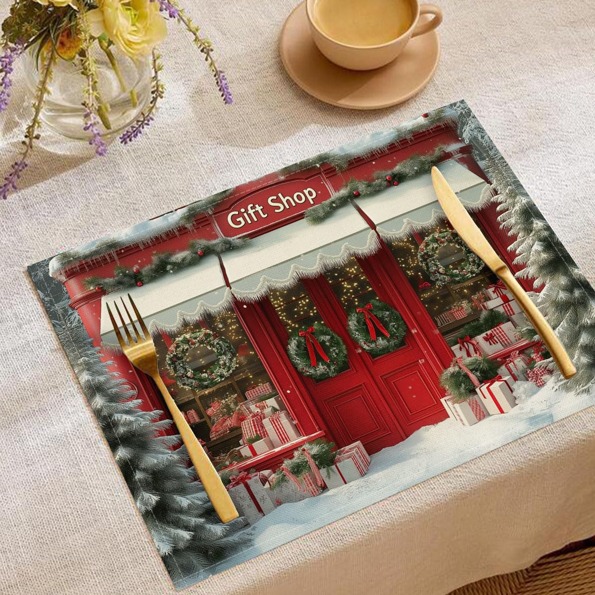 Decoración de mesa de Navidad, juego de 6 manteles individuales de tienda de chocolate, decoración de Navidad, manteles individuales rojos profundos para el hogar, lavables, a prueba de calor