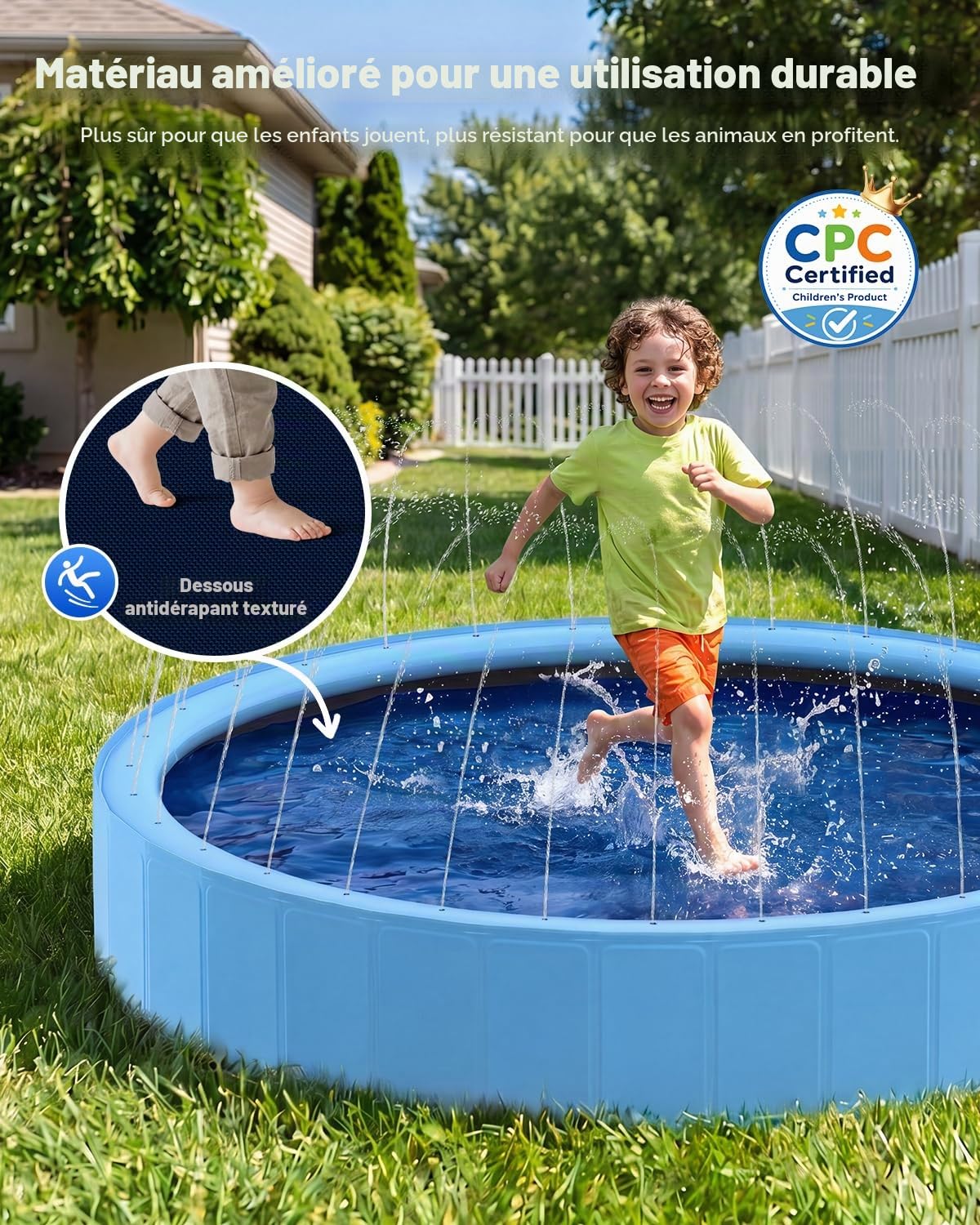 Piscine pour Chien Pliable avec Sprinkler, Grande Piscine Chien 160 cm Antidérapante en PVC avec Jet d’Eau pour Jardin et Extérieur