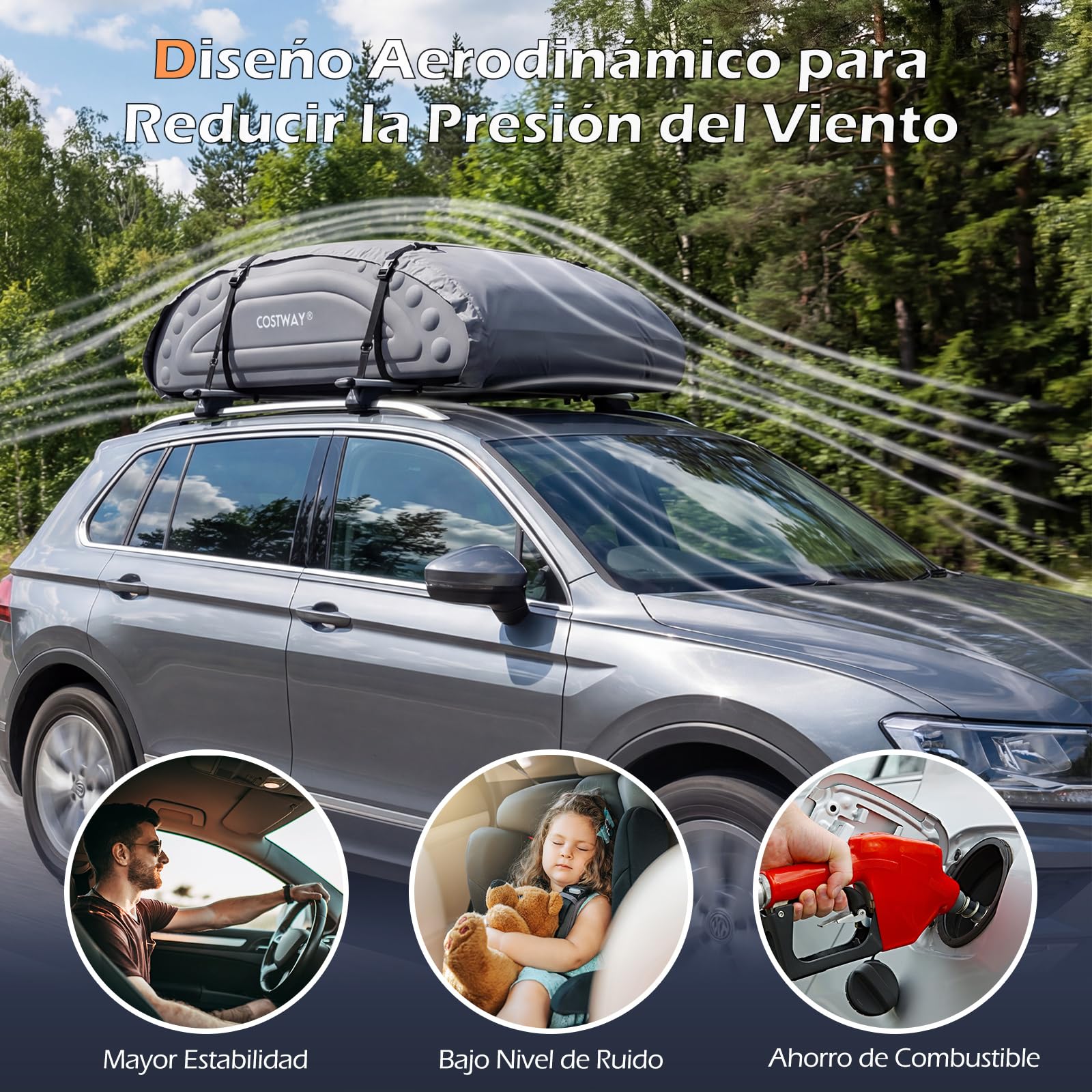 COSTWAY Bolsa de Techo de Coche Capacidad de 425 litros Bolsa de Portaequipajes Impermeable con Correas para Vehículos SUV Negro (Gris)