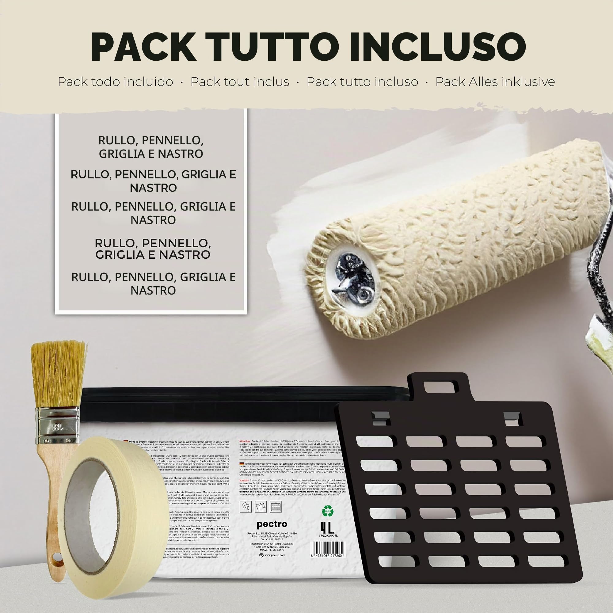 PECTRO Pittura Mano Unica 4L (6,3kg) Set con rullo, pennello, griglia e nastro in carta - Pittura per Interni Lavabile per Pareti e Soffitti – Monomano per Camere e Soggiorni