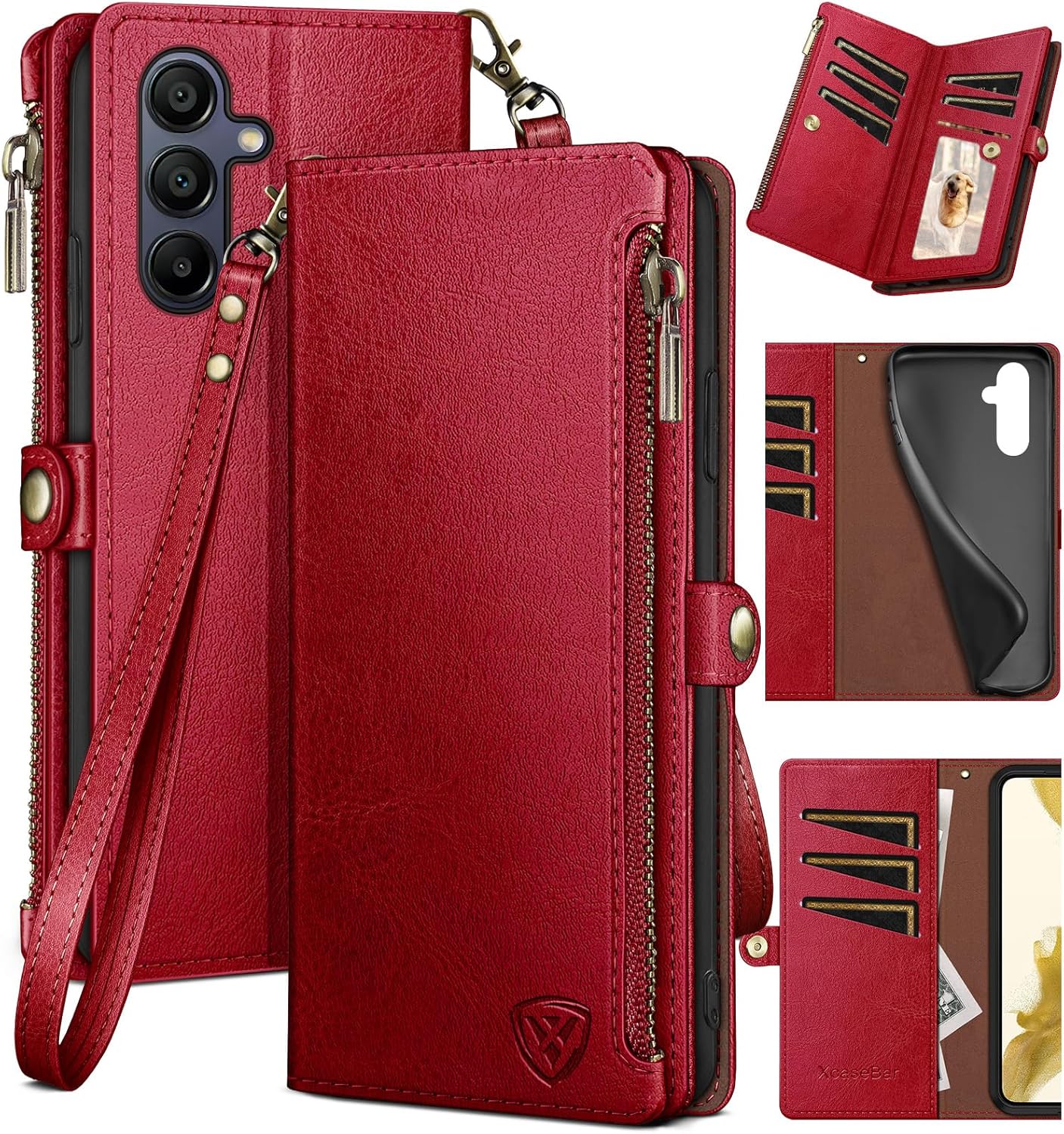 XcaseBar for Samsung Galaxy A15 5G Wallet case with Zipper Credit Card Holder RFID Blocking, Flip Folio Book PU Leather Shockproof Protective Cover Women men A15 Phone case Wine Red