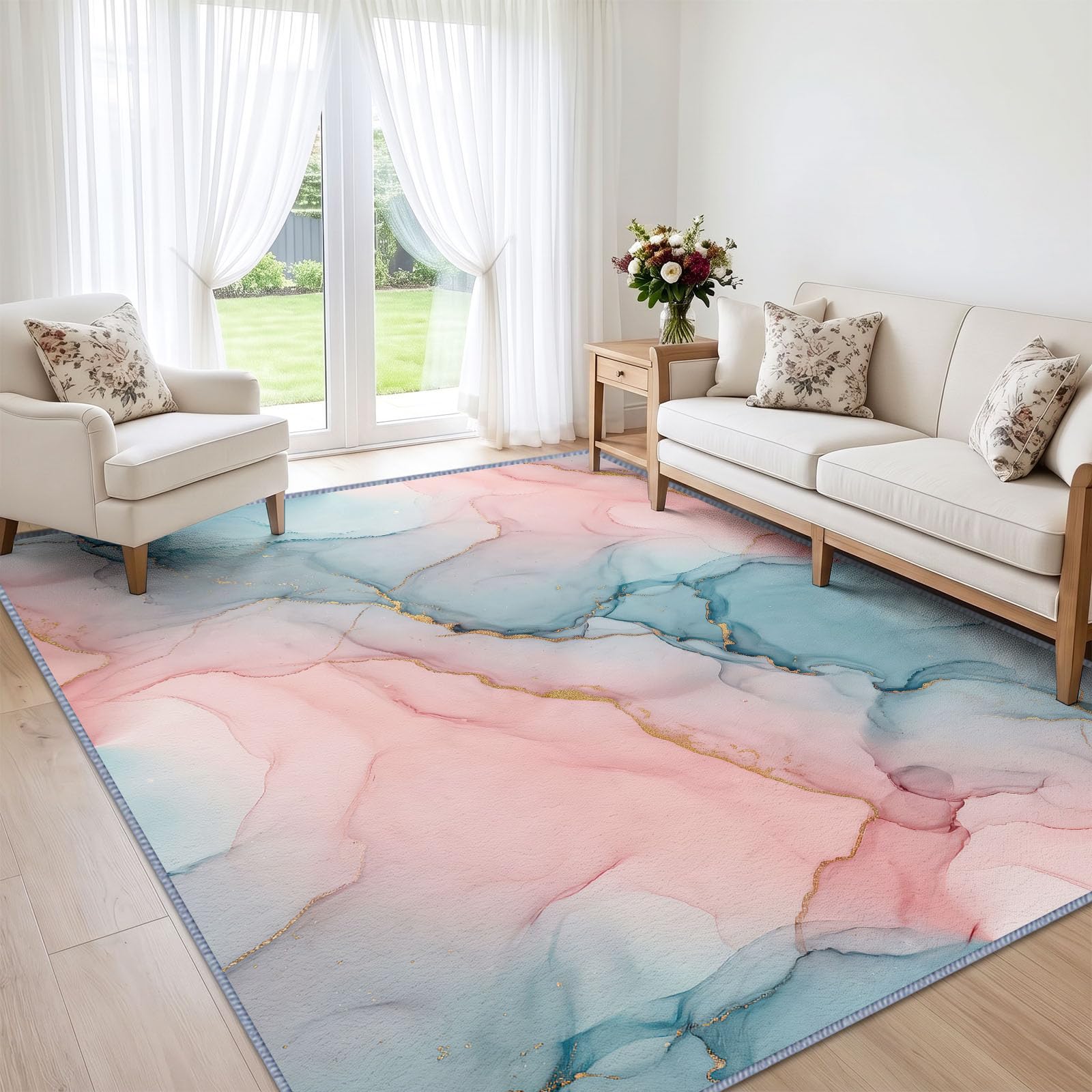 Różowy niebieski marmur onyks tekstura dywan 160 x 230 cm, można prać w
