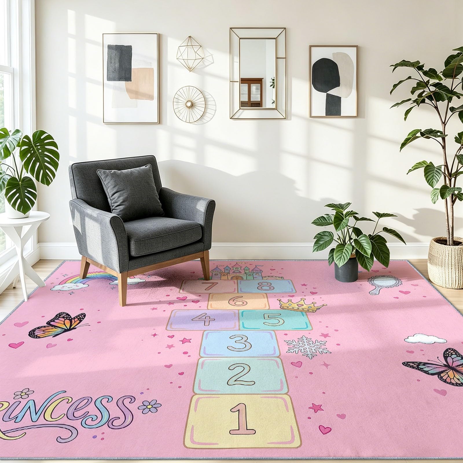 Traumhafter Cartoon Teppich Rosa Waschbar rutschfest für Wohnzimmer, 140x200 cm | Hüpfkästchen-Blöcke Schmetterlinge Wolken Weicher Kurzflor Pflegeleicht Teppich für Schlafzimmer, Esszimmer, Büro
