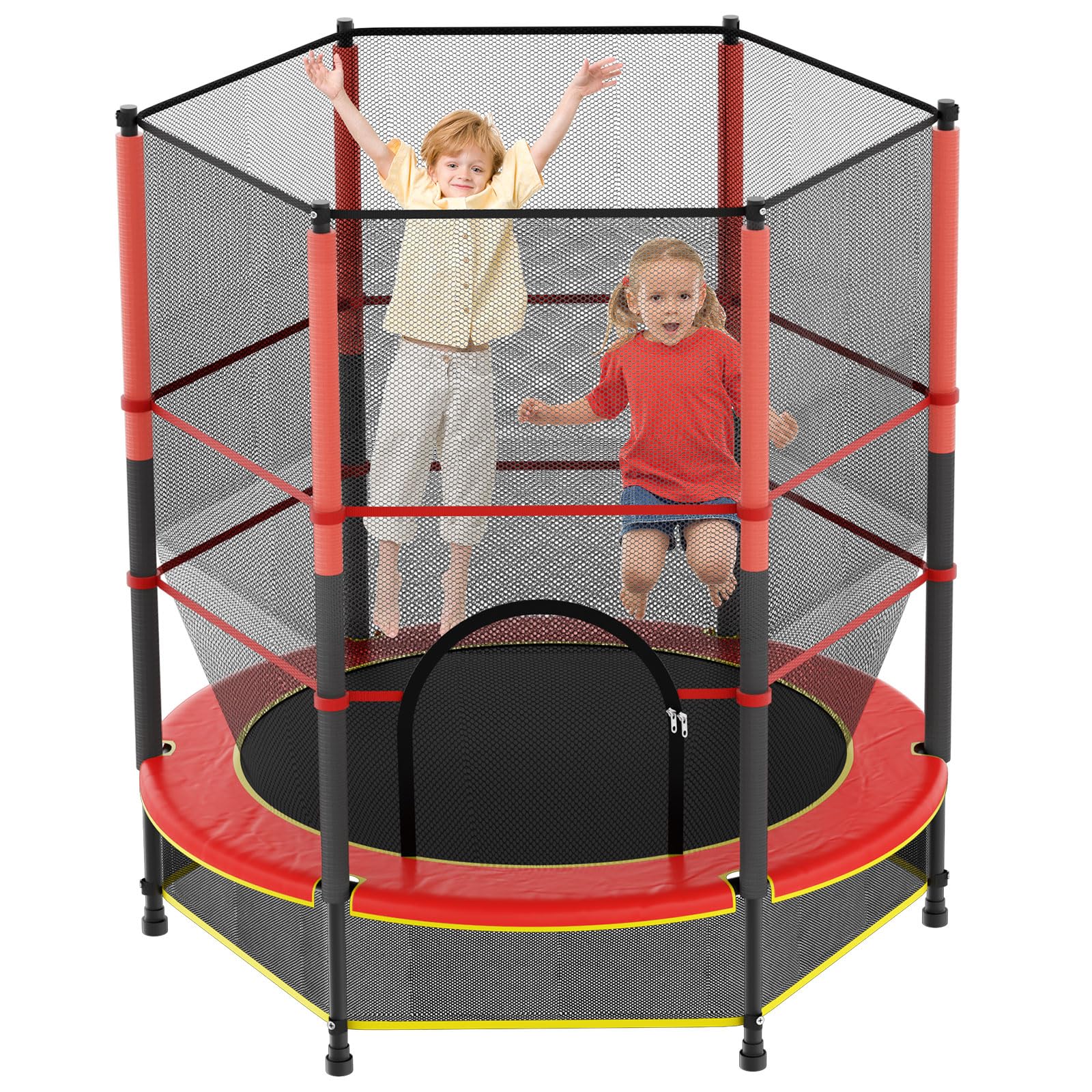 140CM Kids Trampoline, Safety Enclosure Net & Reinforced Steel Frame, 55KG Max Load Mini Trampoline, 160cm Height Indoor Outdoor Trampoline for 3‑10 Years Old Boys Girls, Red