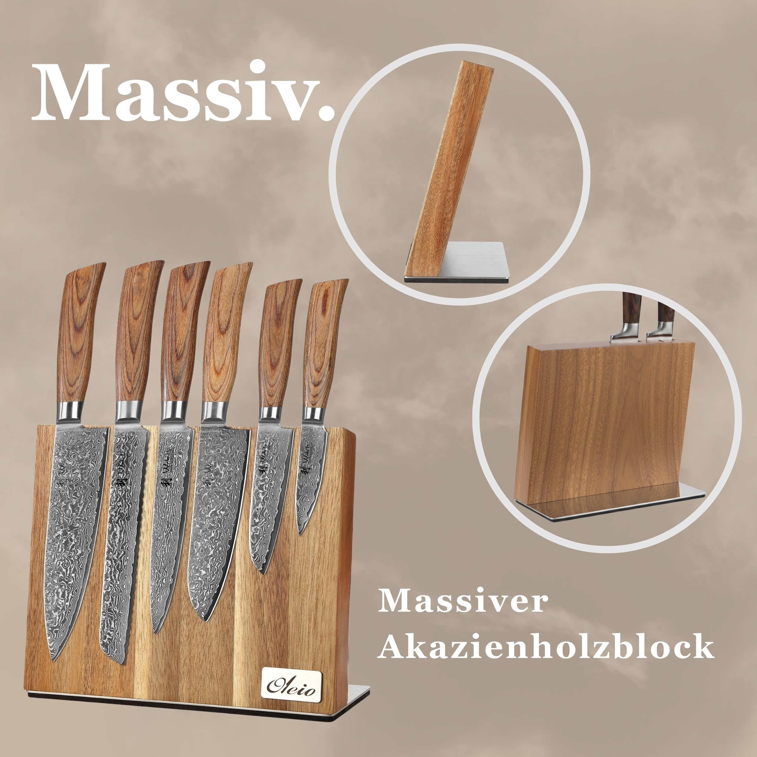 Wakoli EDIB Pro Messerblock Set mit 6 Damastmessern, 67 Lagen, VG10-Kern | Enthält Chefmesser, Brotmesser, Fleischmesser, Santoku, kleines Santoku und Officemesser sowie magnetischen Akazienholzblock
