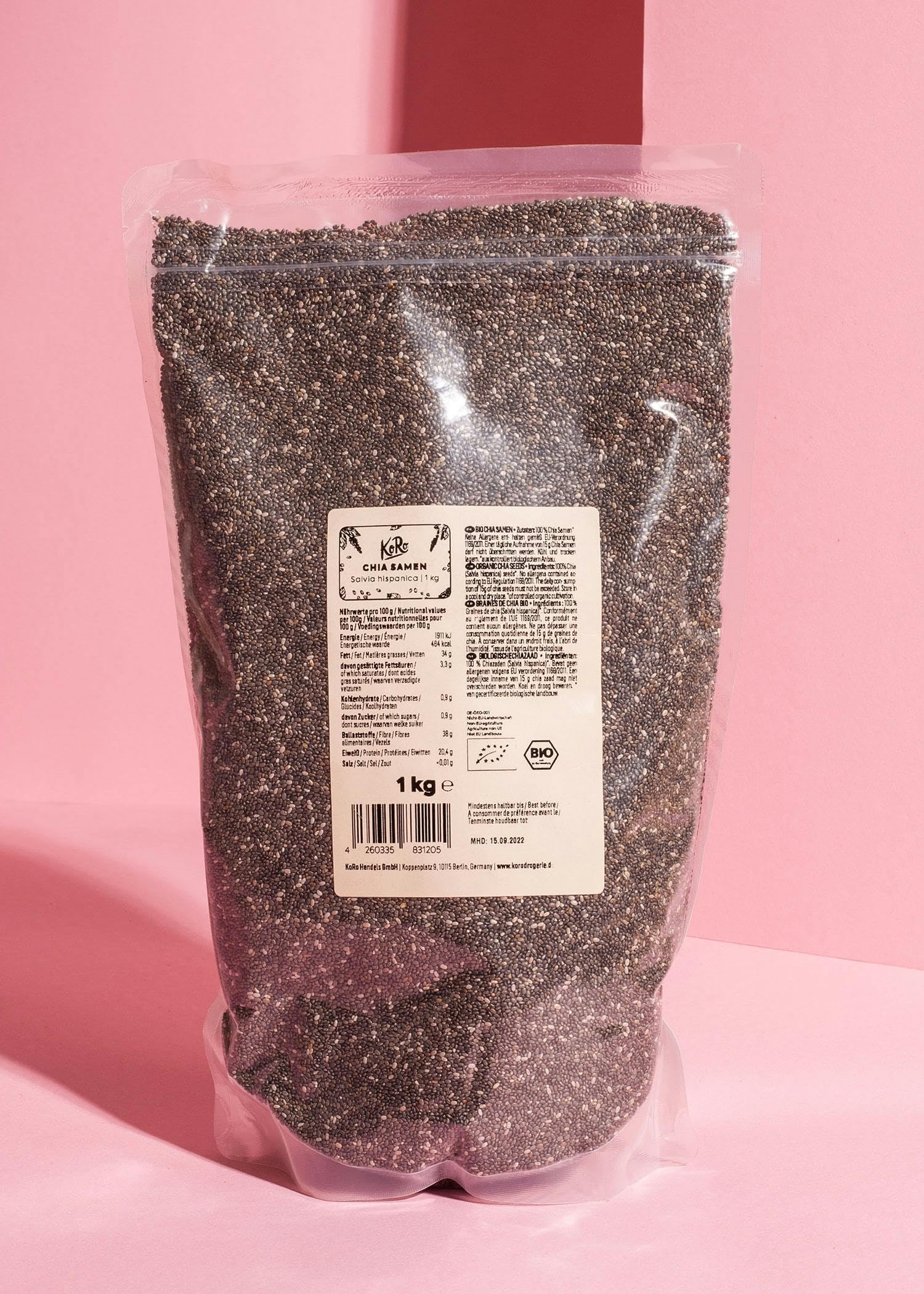 KoRo - Graines de chia bio | 1 kg - Super-aliment naturel - Issu de l'agriculture biologique – Riches en fibres – Source de protéines