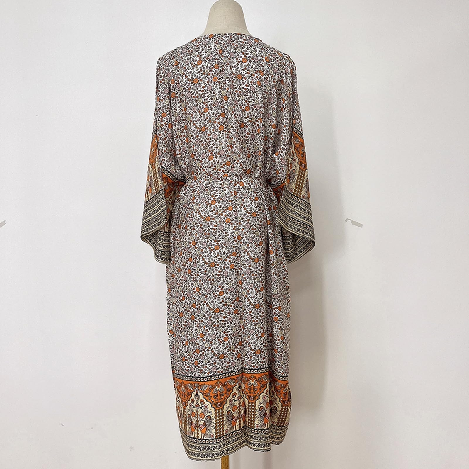 Traje de baño tipo kimono de manga larga para mujer, con flores, frente abierto, holgado, chal, vestido de playa con cinturón