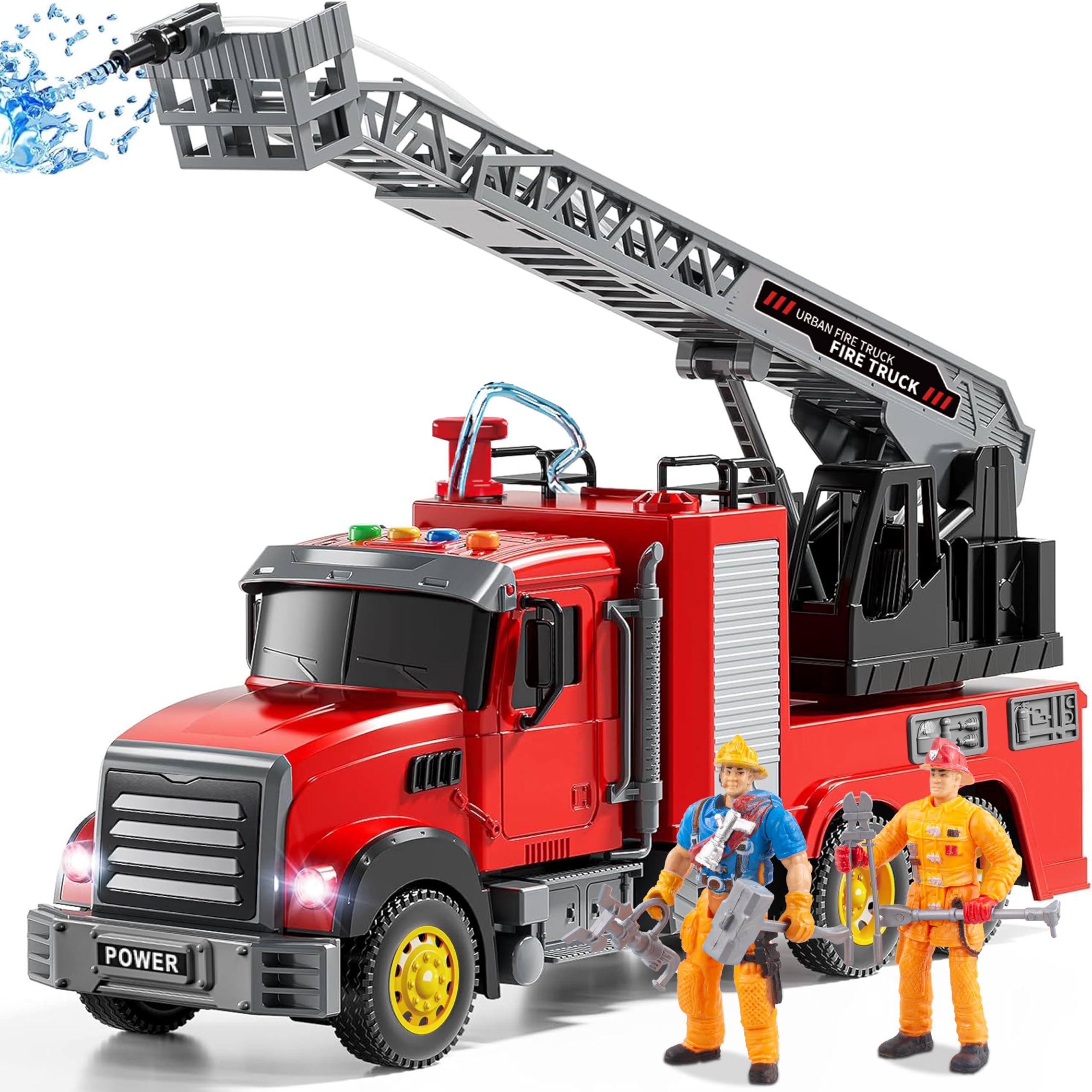 Fire Truck Toy with Sound & Light - 2pcs Firefighter & Water Sprinkler with Water Tank - Friction Powered Toy for Toddlers 3-5
