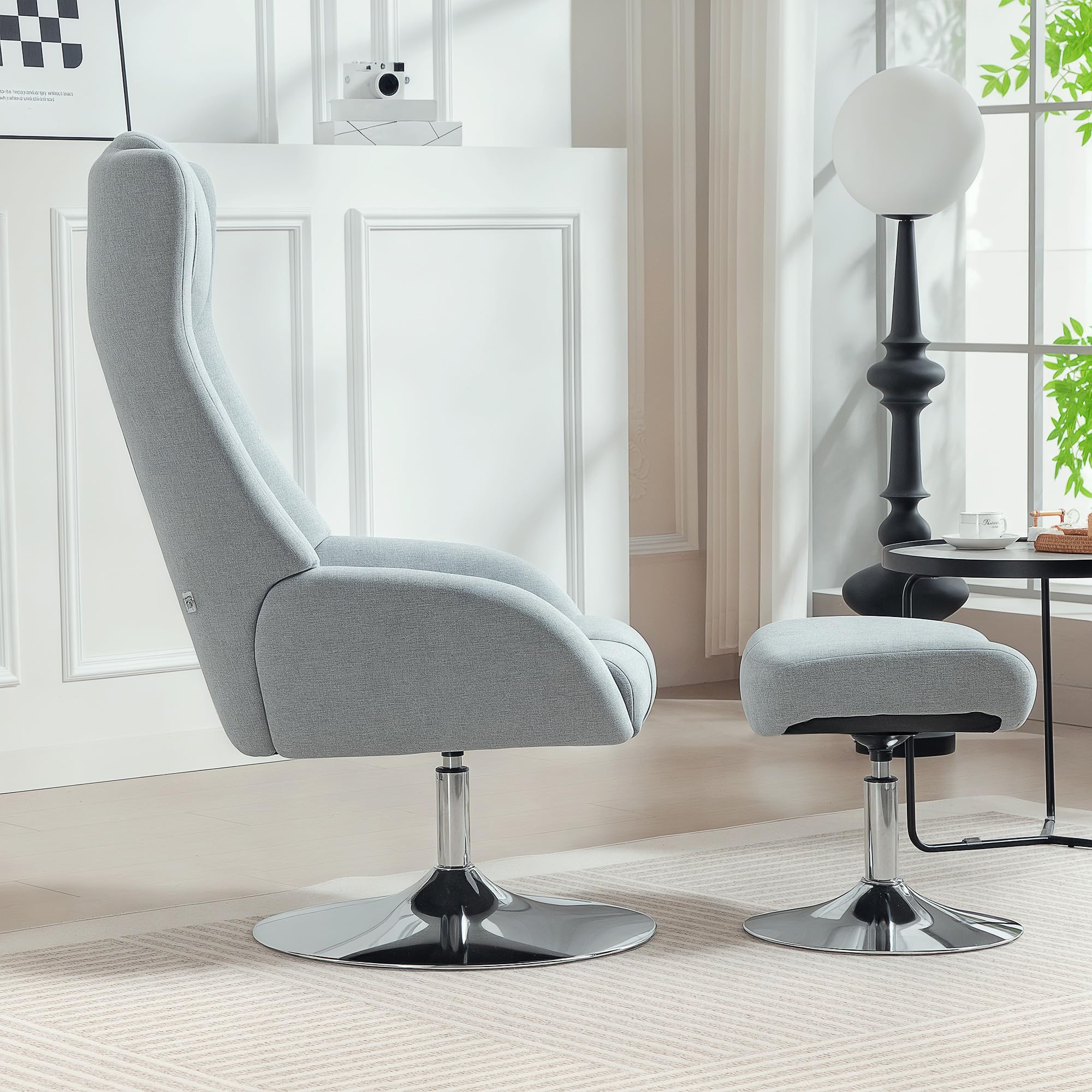 HOMCOM Relaxsessel mit Hocker, 360°drehbarer Fernsehsessel mit hoher Rückenlehne, TV-Sessel mit Samtoptik, Kopfstütze, Metallsockel, Polstersessel für Wohnzimmer, Grau