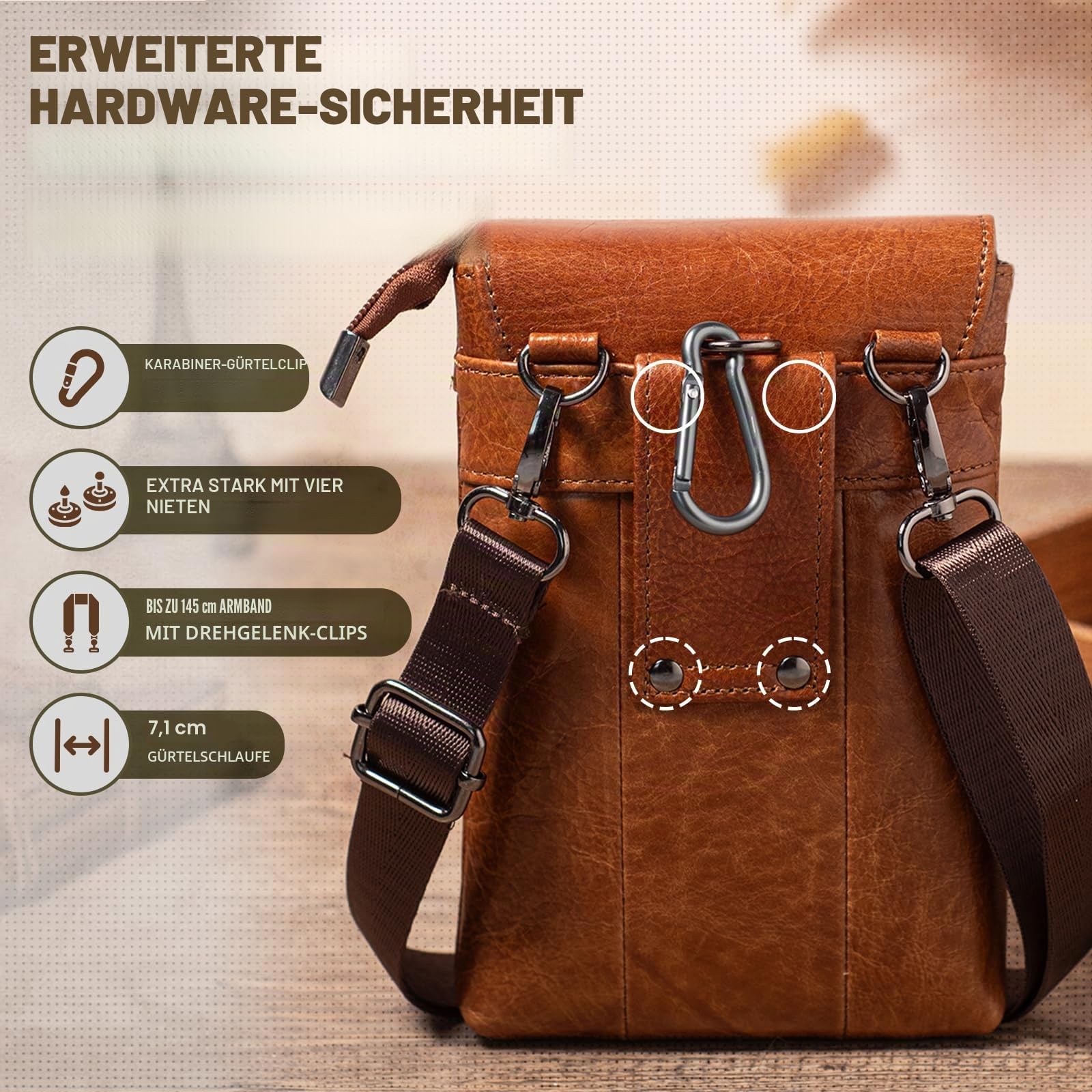 Kleine Umhängetasche aus echtem Leder für Herren und Damen, Handy-Gürteltasche für iPhone/Samsung, Reisepass, Geldbörse, Schulterholster, Braun, Large