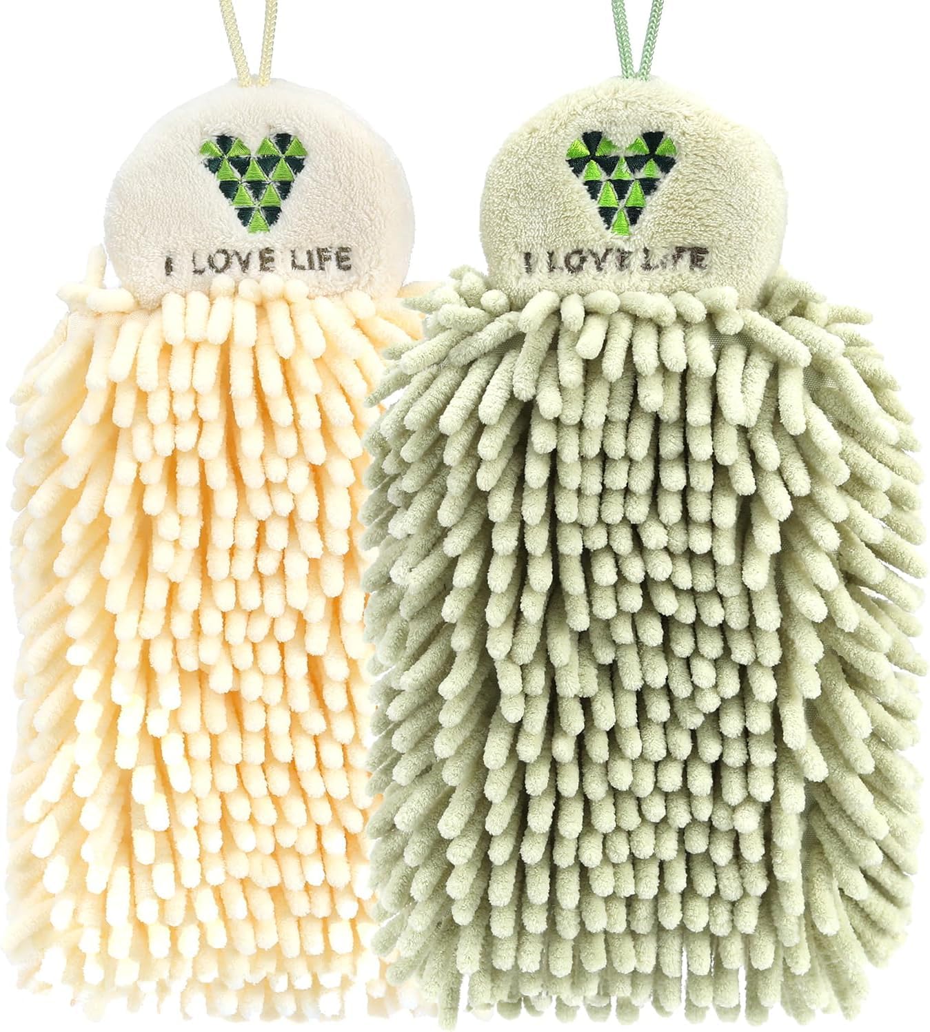 IFITTING雪尼尔擦手巾，悬挂式用于厨房&浴室，速干，无异味，可作为小礼物送给家人朋友,米黄色&浅绿色2只