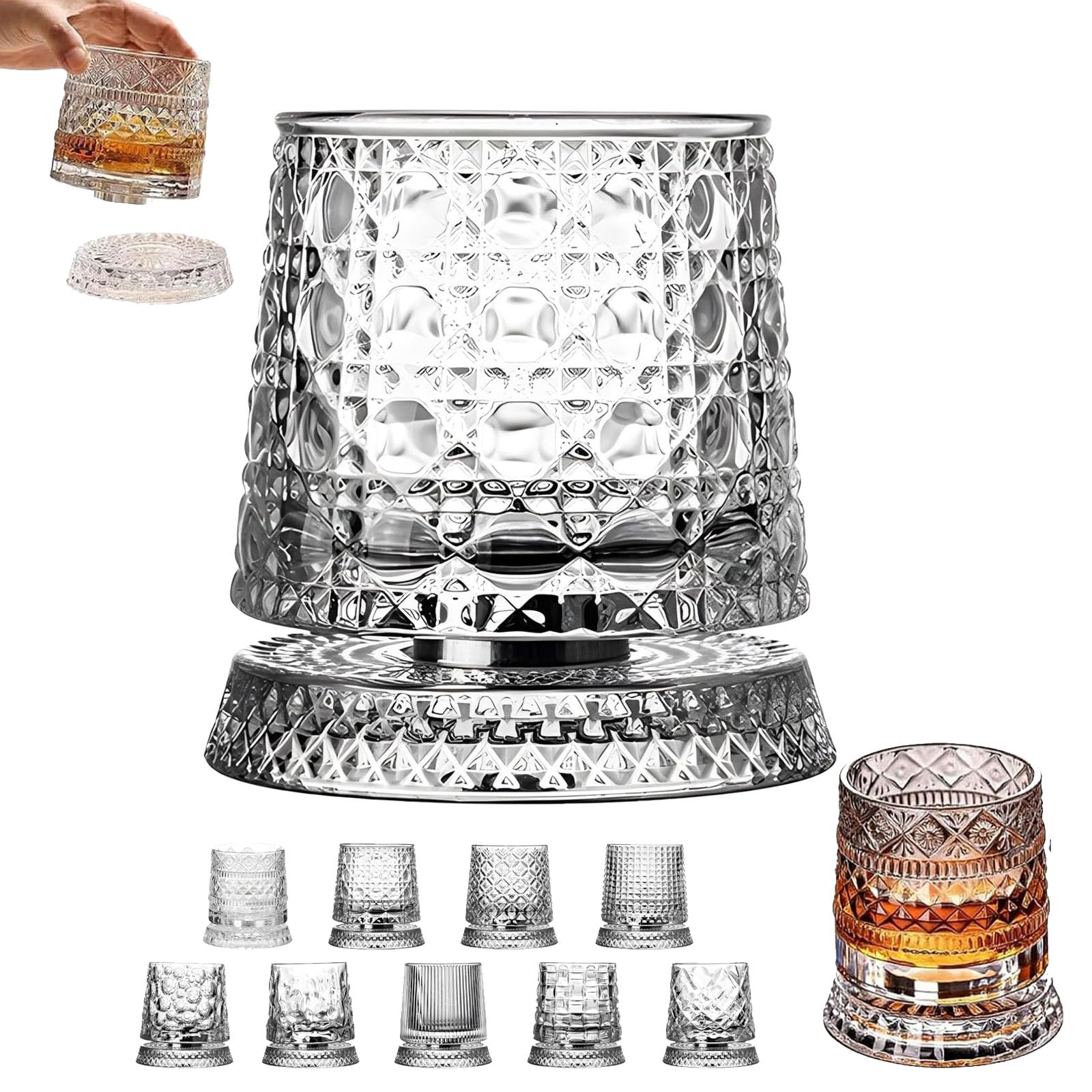Spinning Crystal Whiskey Glasses, Rotating Whiskey Glass with 360° Spinning Base, Heavy Old Fashioned Crystal Tumbler for Bourbon, Scotch, Rum, Cocktail Gift for Men (Style A)