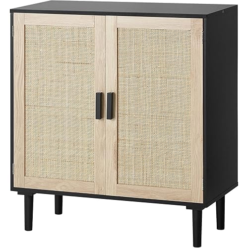 VEVOR Rattan Buffet Cabinet with Storage, 2 Magnetic Doors and Adjustable Shelves - Sideboard for Hallway, Living Room, Kitchen - Black