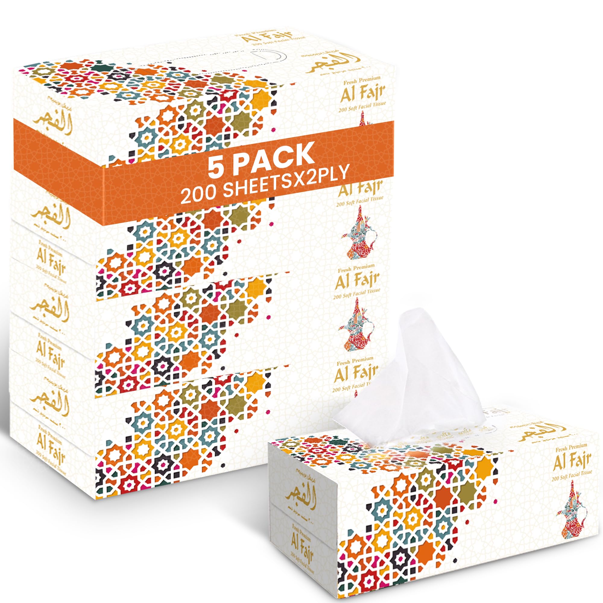 Al Fajr Facial Tissue Box Pack of 5, 200 Sheets x 2 Ply Each, Total 1000 Sheets