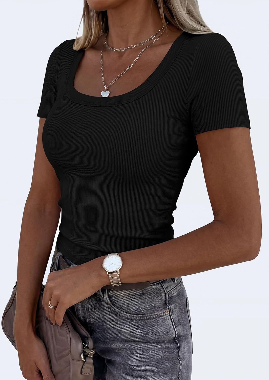 PRETTYGARDEN Scoop Neck Tops for Women 2026 Summer Basic Tees Trendy Short Sleeve Shirts Spring Casual Fitted Ribbed Tops - Image 6