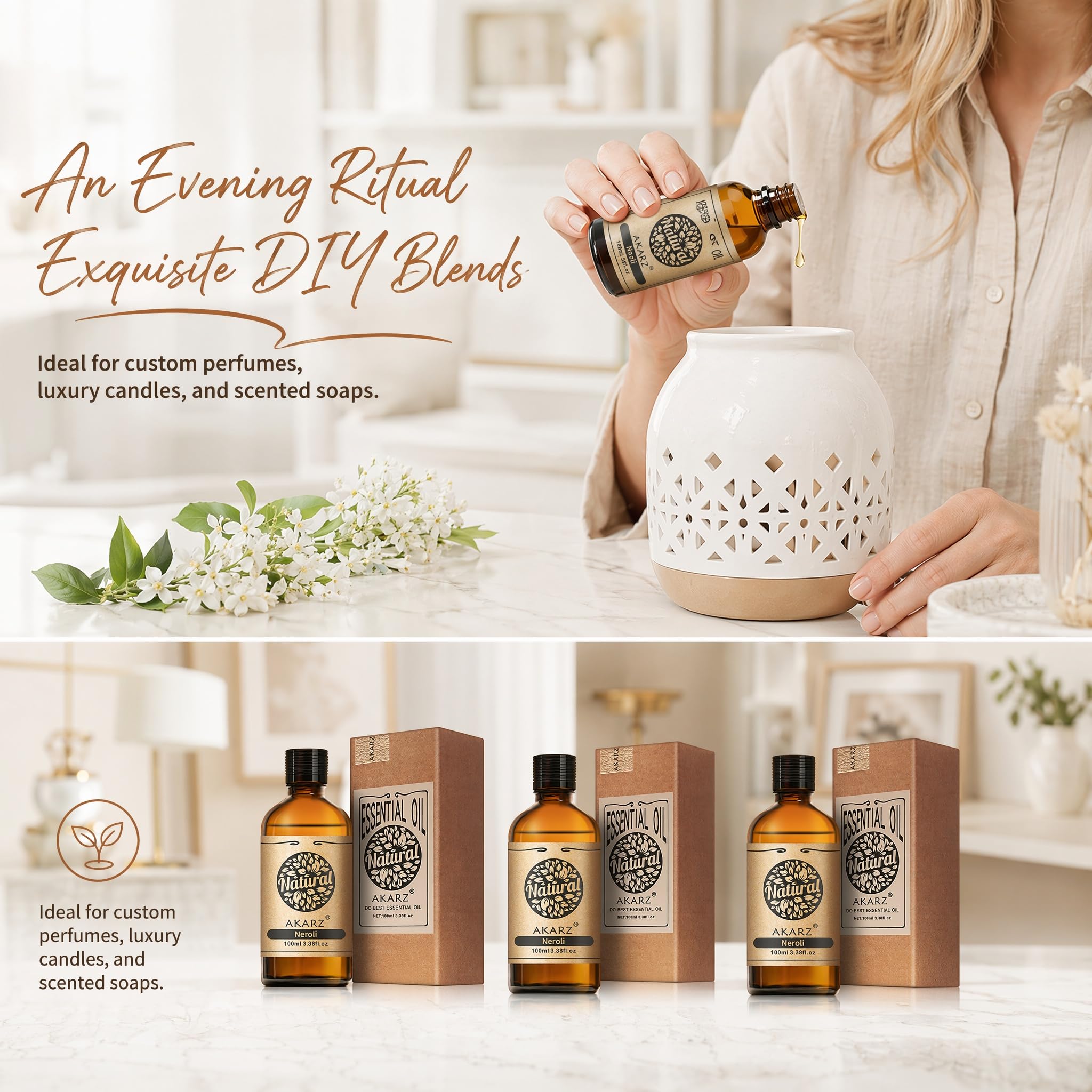 AKARZ 100ml Olejek esencjny z Neroli - Naturalny olejek aromatyczny do dyfuzorów, lamp aromatycznych i aromatów pomieszczeń