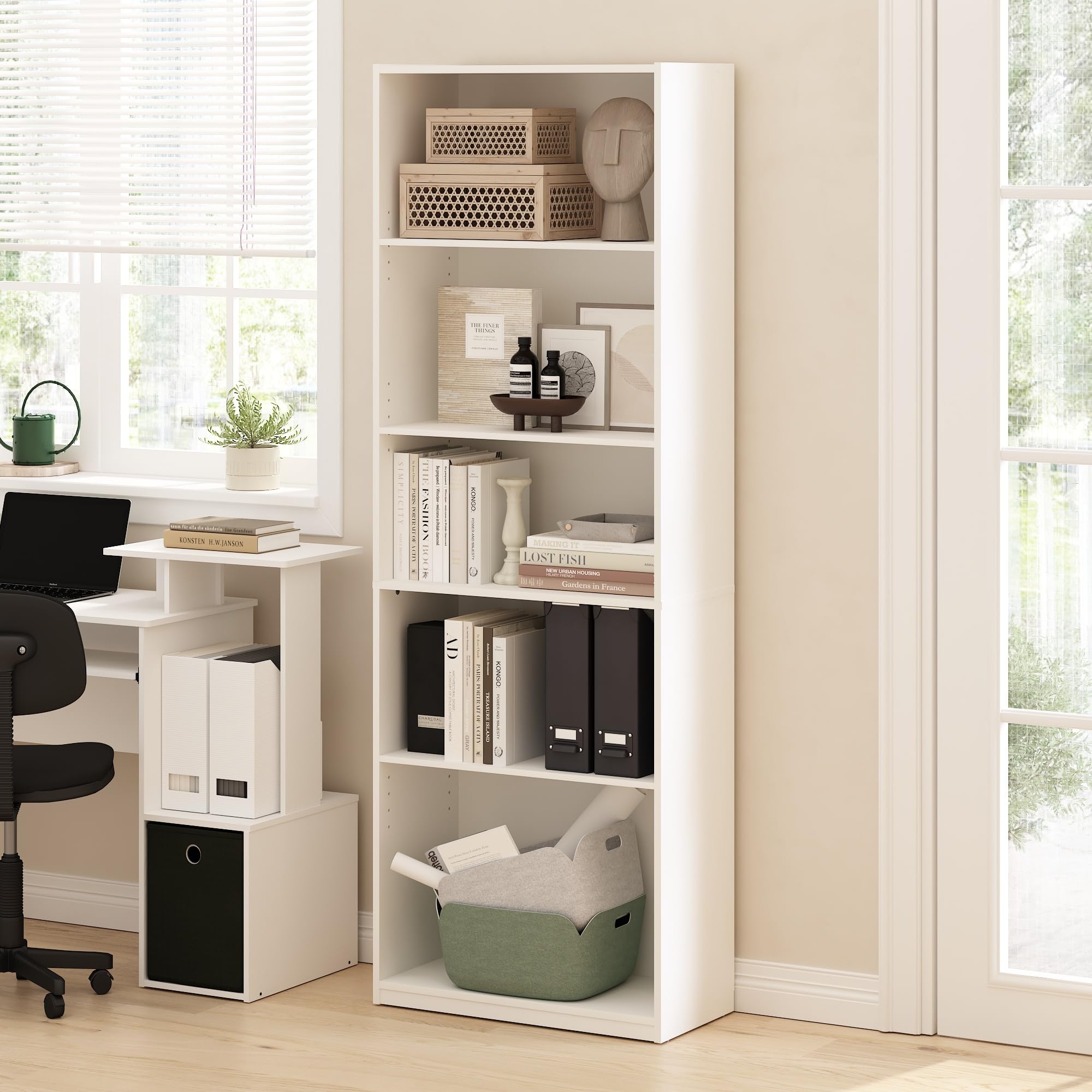 Furinno Gehry 5-Tier Bookshelf with Adjustable Shelves, White Book Shelf, Bookcase, 11.6 x 24.8 x 71.4, for Living Room, Bedroom, Home Office, Plain White