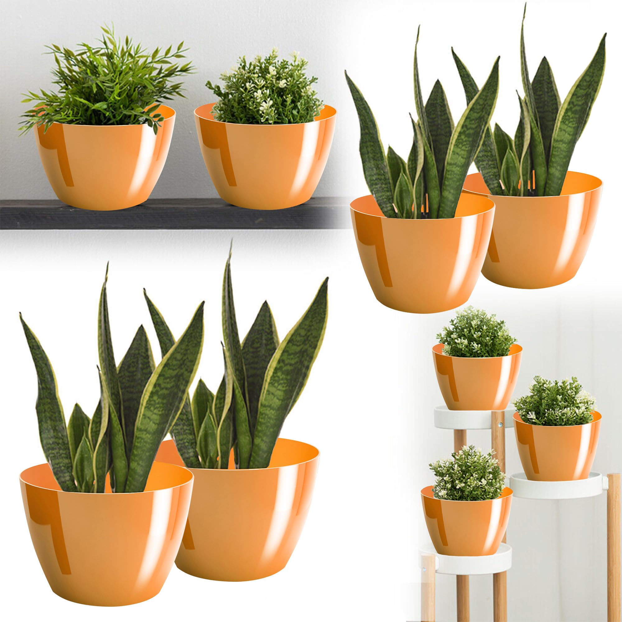 Macetas Brillantes Macetas Decorativas Hierbas Macetas Redondas de plástico duraderas y Ligeras para salón, Comedor, Cocina, terraza, balcón Juego de 2 Piezas (Naranja, diámetro 16 cm) — view 2