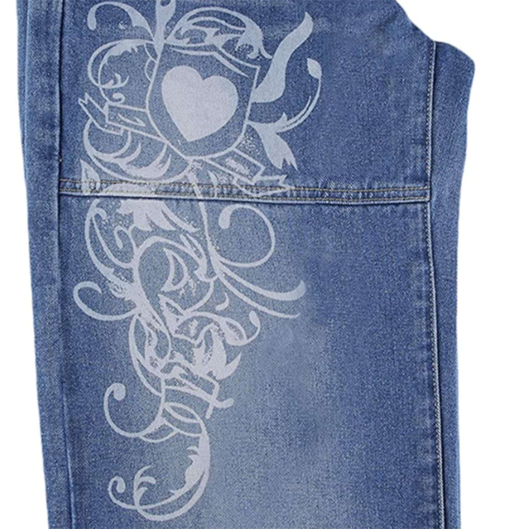 NLAVW Damen-Jeans mit niedriger Taille und weitem Bein, Vintage-Print, Baggy-Hose, gerade Jeanshose