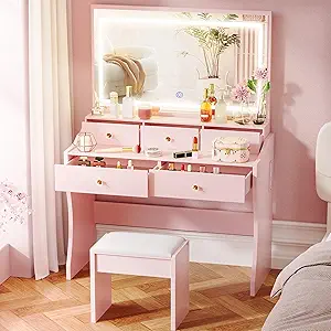 COMHOMA Makeup Vanity Desk with Mirror and Lights, Vanity Table and Chair Set with 5 Drawers and Charging Station, Bedroom Dresser LED Mirror Stepless Dimmable & 3 Color Modes Adjustable, Pink