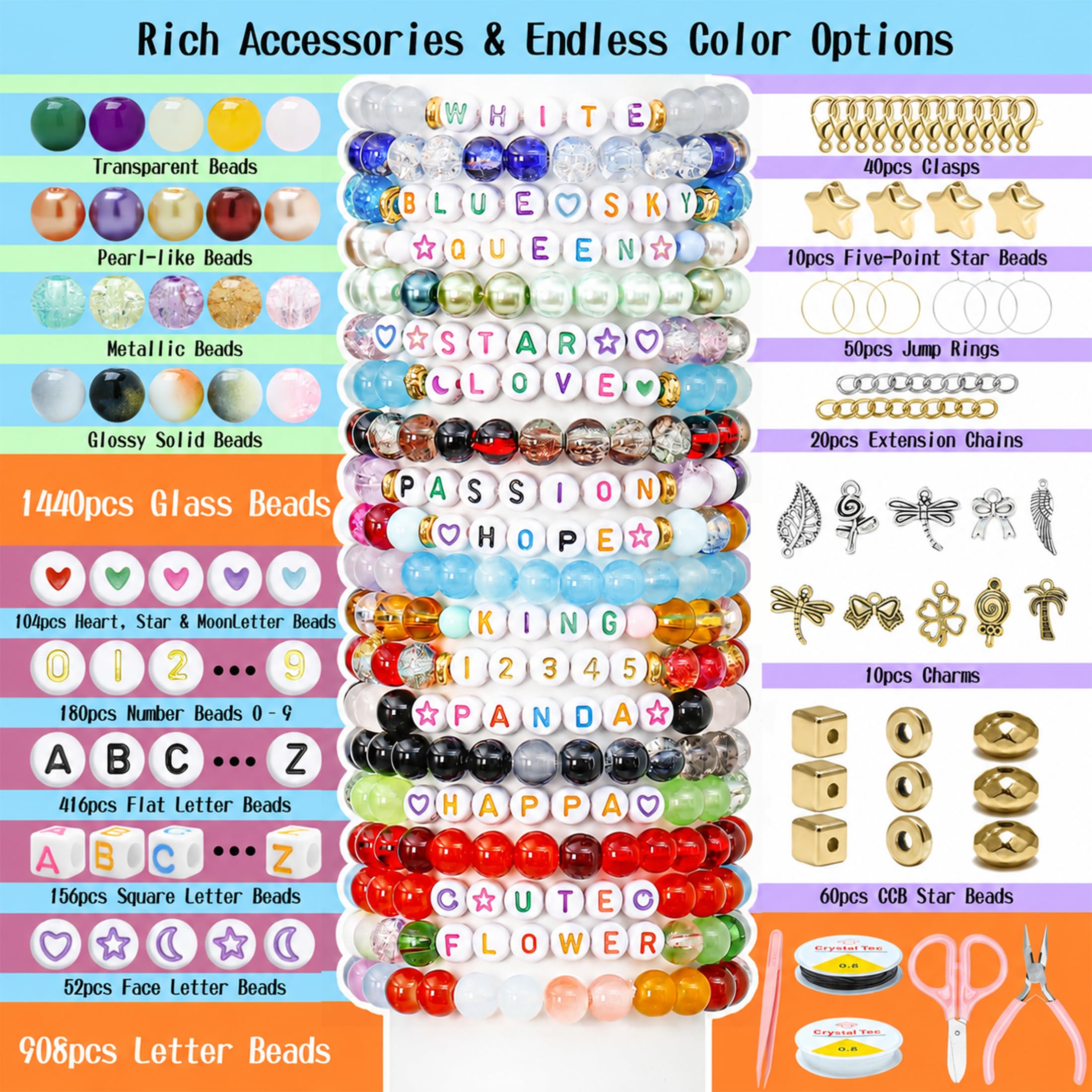 Perline in vetro da 8 mm, 120 colori, per la creazione di gioielli, kit per la creazione di braccialetti da 2574 pezzi