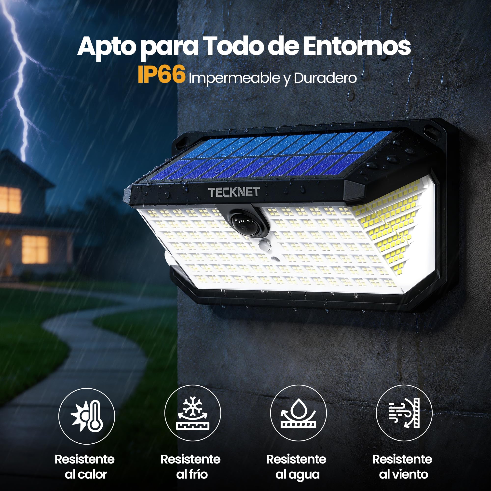 TECKNET Luz Solar Exterior, 546 LED,Iluminación de 300°, Foco Solar Exterior con Mando a Distancia, IP66 Impermeable, Focos Led Exterior Solares con Ganchos, para Jardines, Garajes, Patio