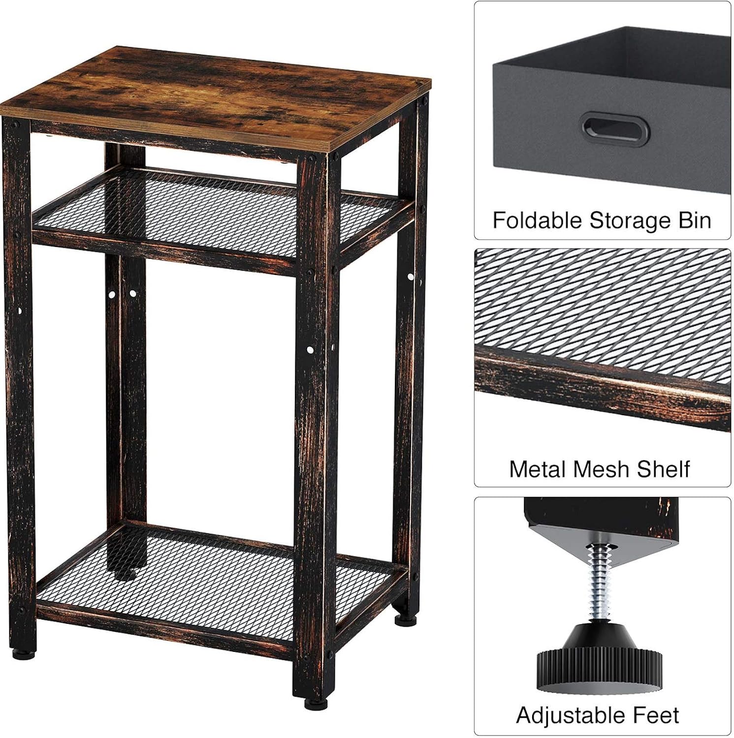 Rolanstar Tall Side Table, Telephone Table with Storage Bin, Industrial End Table with Height Adjustable Mesh Shelves and Stable Metal Frame, Retro Nightstand, Rustic Brown