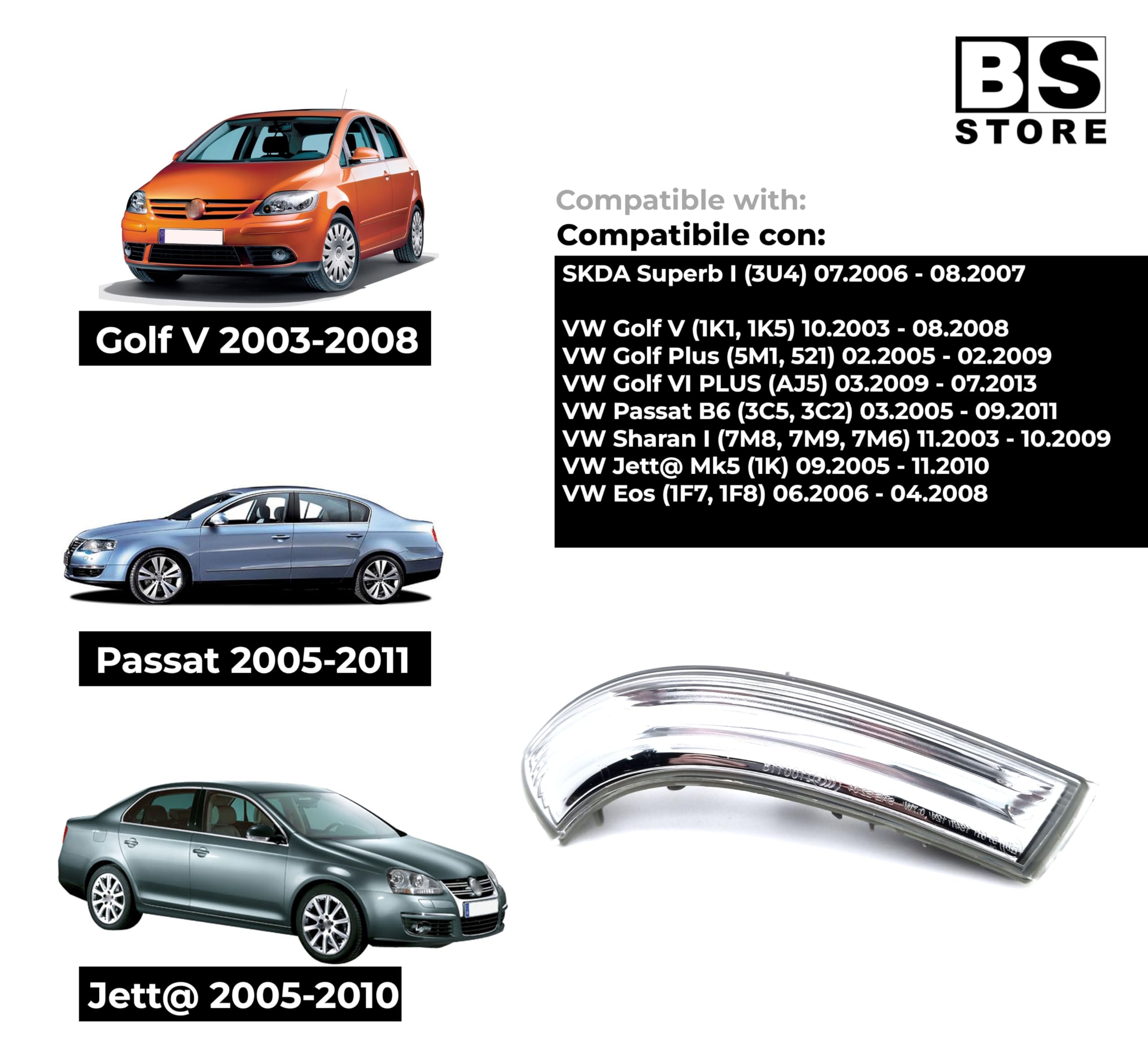 BSSTORE Freccia Specchietto Laterale Indicatore di Direzione LED per GOLF 5, GOLF 6 PLUS, JETTA 2005-2010, PASSAT 2005-2011 (Destra - Lato Passeggero)