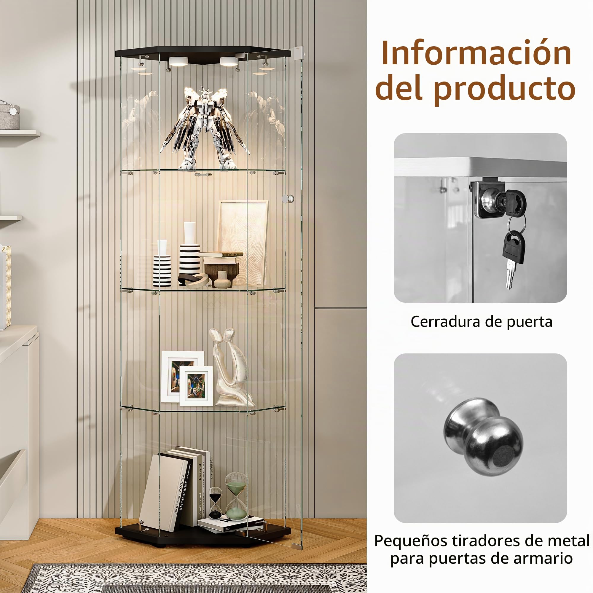 Vitrina De Cristal LED Para Colección Con 1 Puerta, Armario Esquina De 4 Capas Con Cerradura, Mueble Transparente Para Salón, Bar, Dormitorio, Oficina - Negro