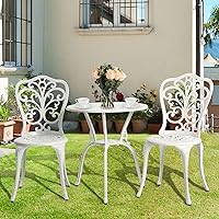 Vista 12 de HOMEFUN Juego de 2 mesas y sillas de bistró para exteriores, juego de 3 piezas, diseño de rosa, aluminio fundido para jardín, balcón, resistente a