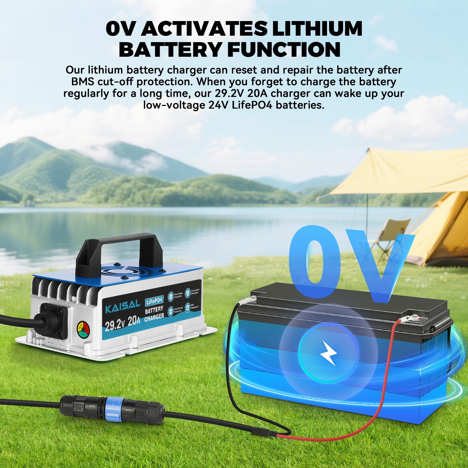 KAISAL LiFePO4 ładowarka 29,2 V 20 A LiFePO4 | Do baterii litowej 24 V/25,6 V, aktywowany 0 V, wodoszczelność IP67, 24 V litowa ładowarka do kamperów, łodzi, solarnych