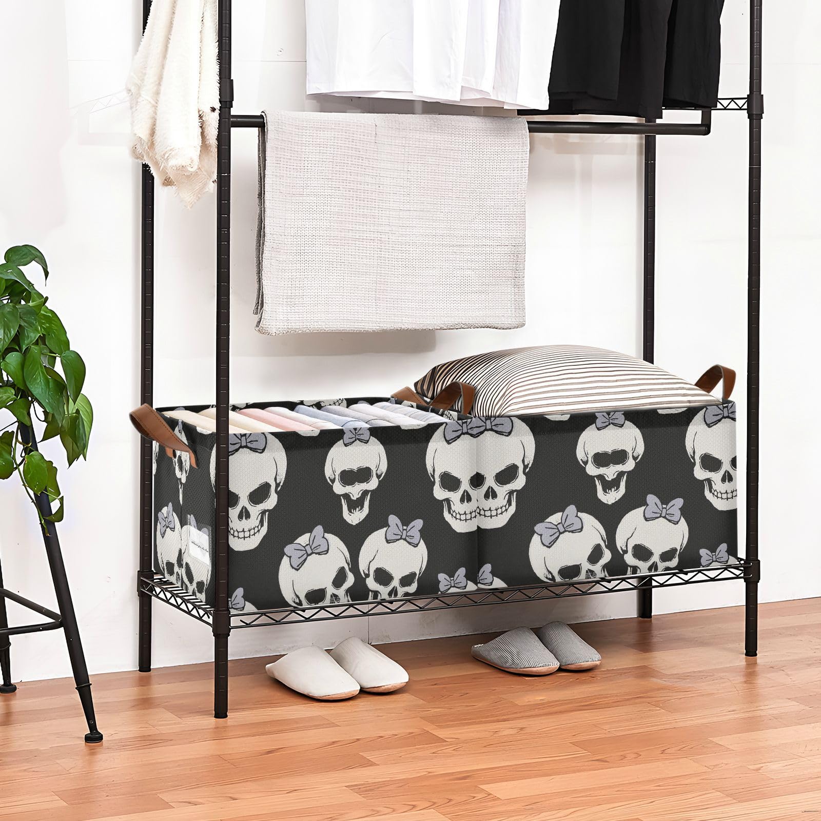 Cestini portaoggetti pieghevoli neri con motivo a teschio con fiocco, decorativi, con manici, cubi, organizer per dispensa, mensole, cassetti, scrivania, armadio, aula e ufficio, confezione da