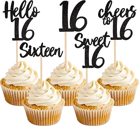 Amazon.com: 30PCS Black 16th Birthday Cupcake Toppers Glitter Sixteen ...